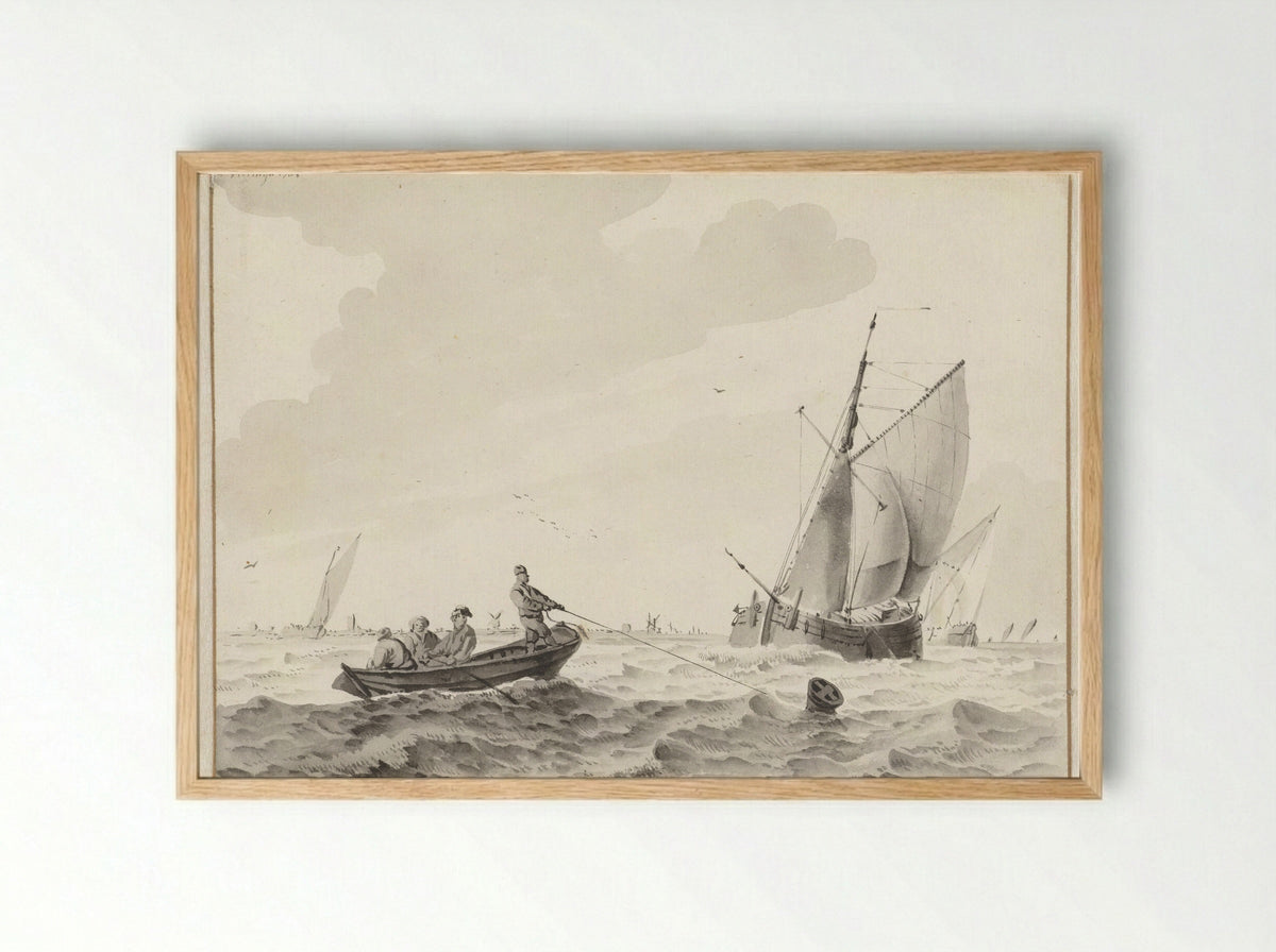Golvend water met een roeiboot bij een boei - Wigerus Vitringa - Framed Print Wood