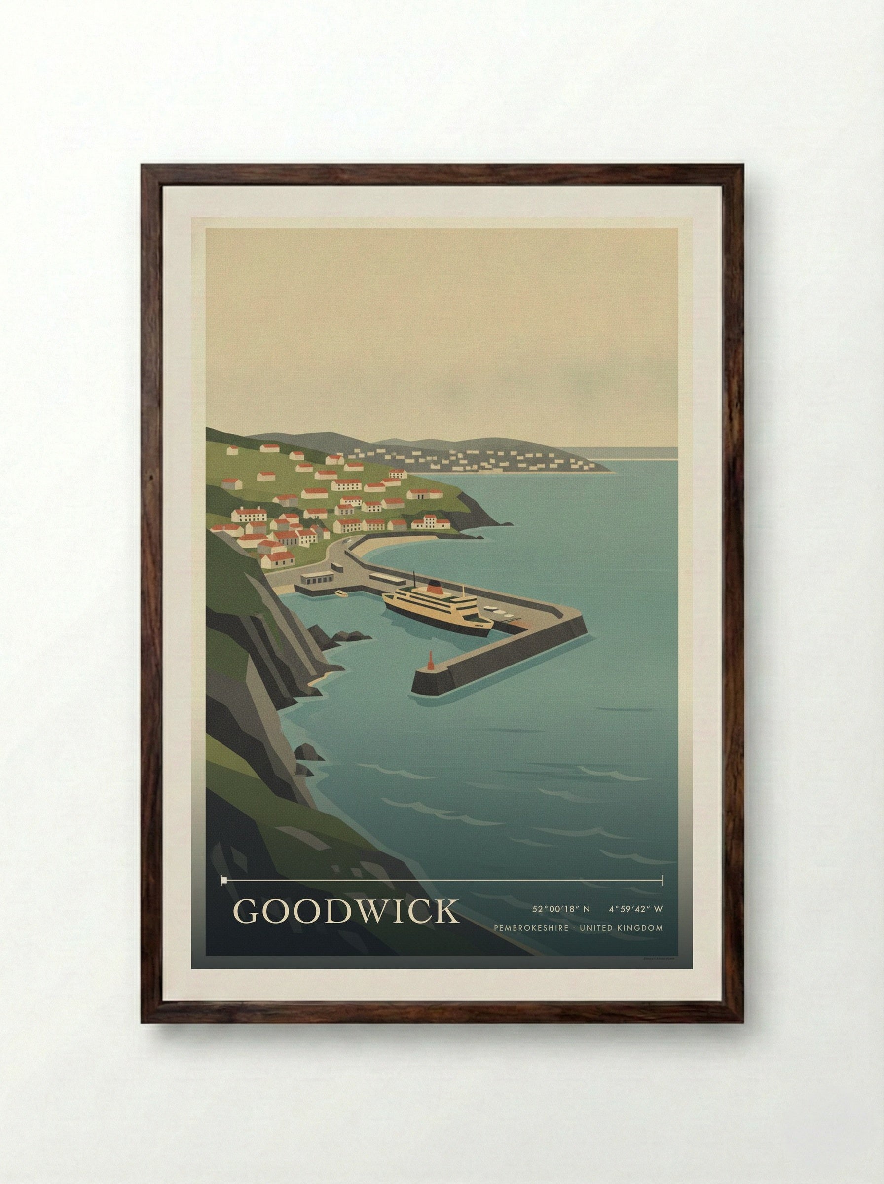 Goodwick Pembrokeshire United Kingdom Travel Poster - Framed Print Dark Wood