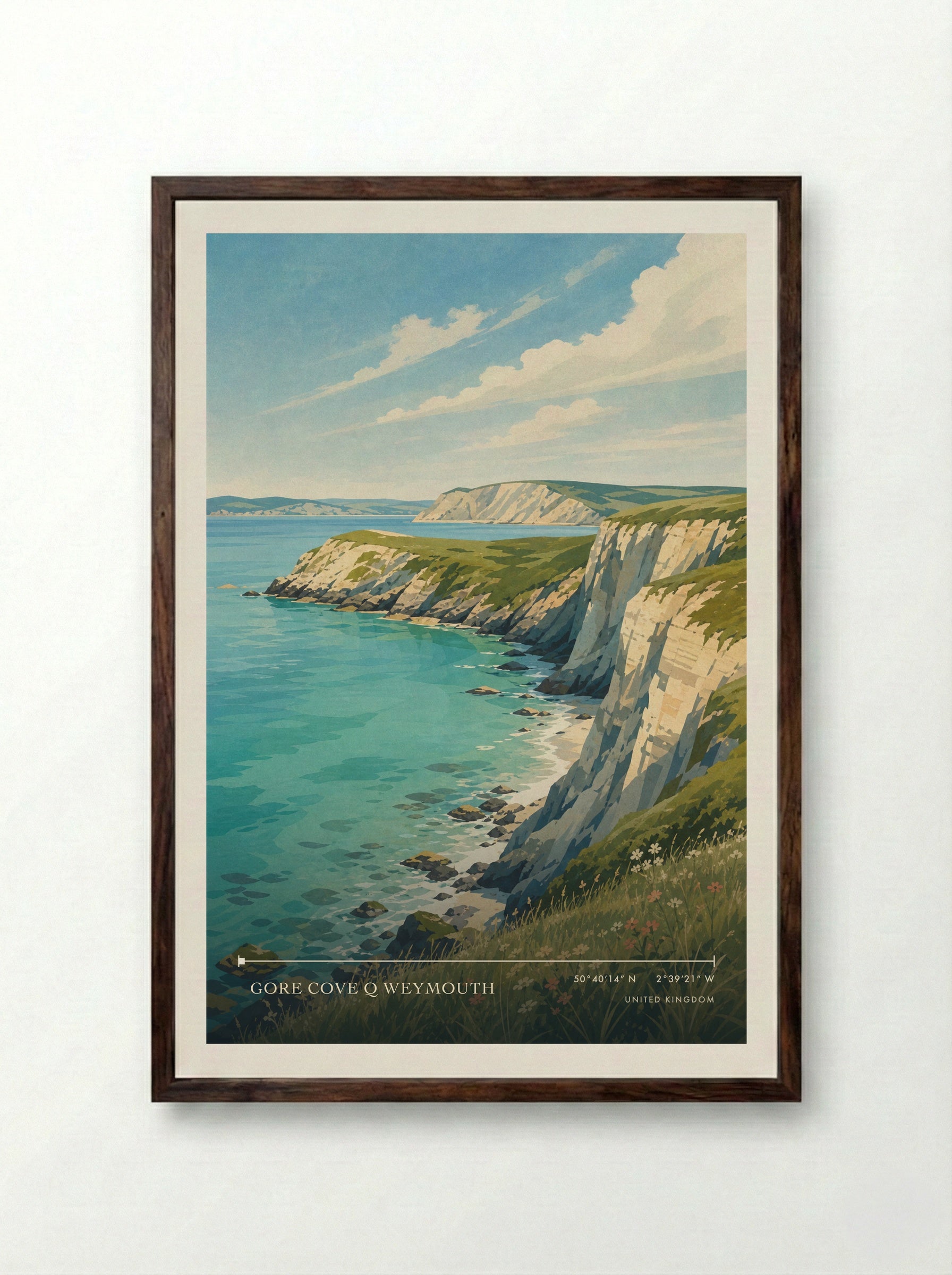 Gore Cove Q Weymouth United Kingdom Travel Poster - Framed Print Dark Wood