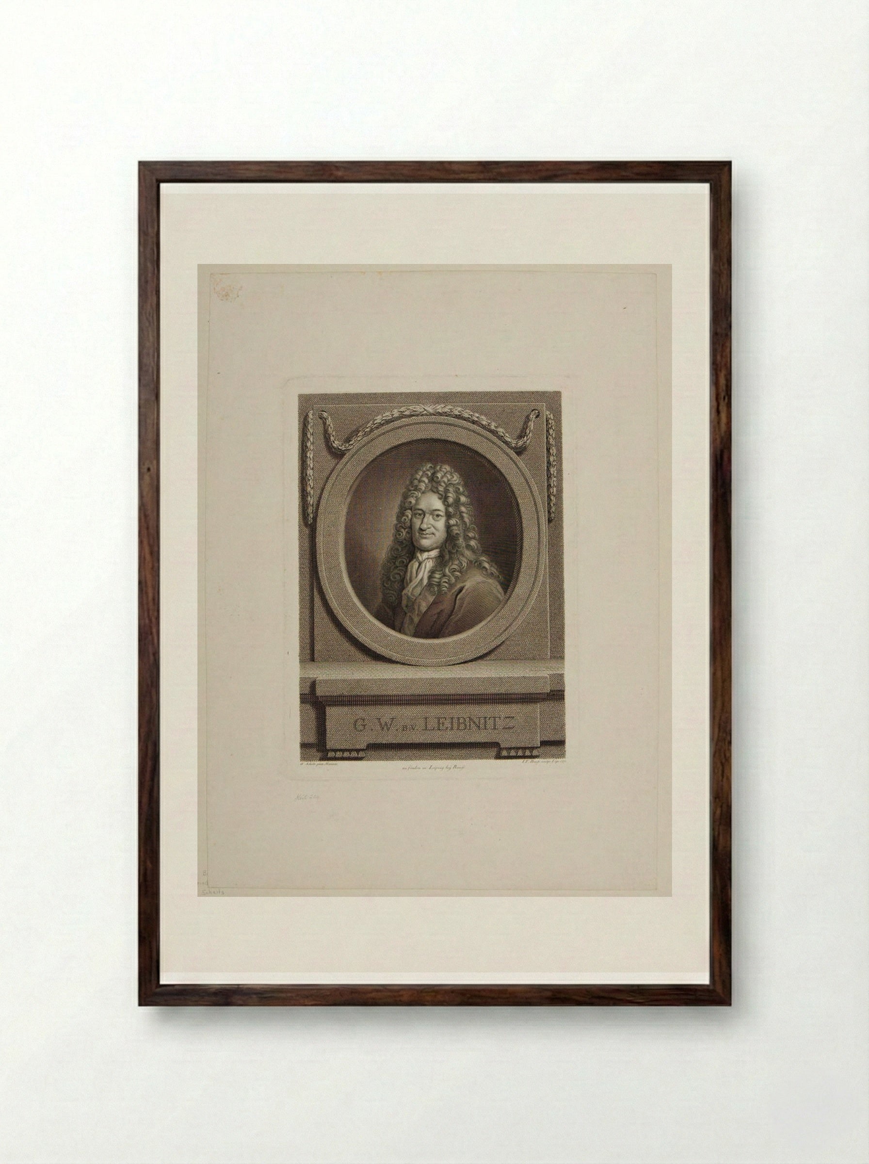 Gottfried Wilhelm, Freiherr von Leibniz - Johann Friedrich Bause - Framed Print Dark Wood