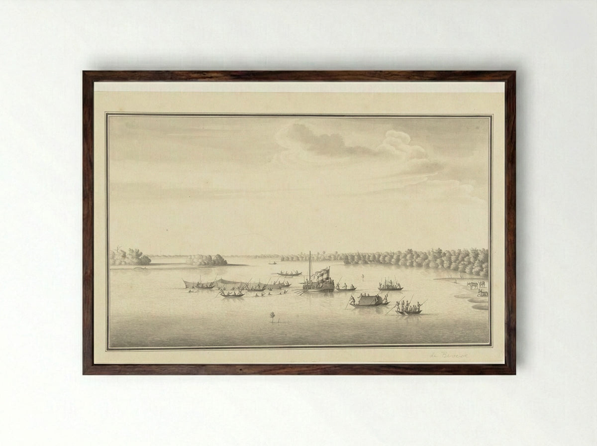 Gouverneur Loten en zijn gezelschap varend op de Lagune van Negombo - Pieter de Bevere - Framed Print Dark Wood