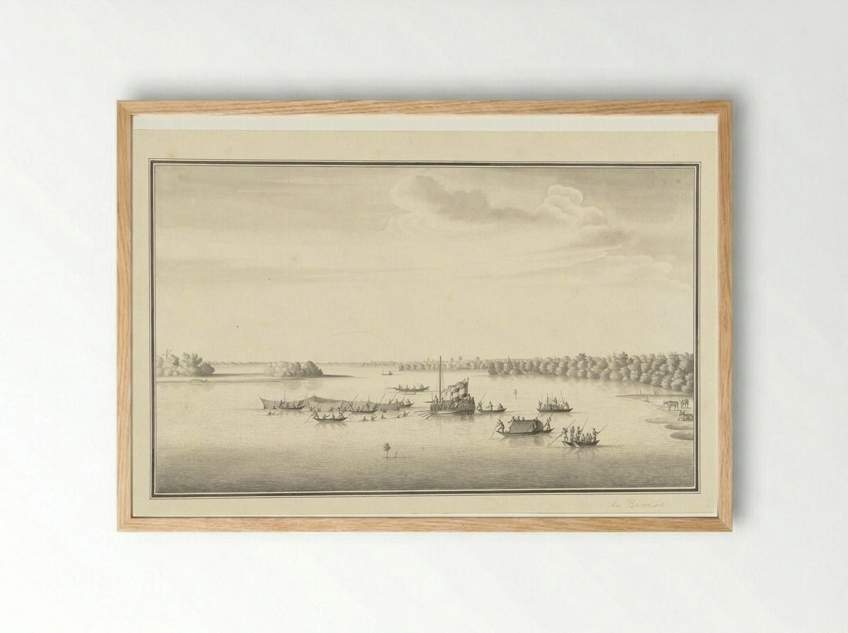 Gouverneur Loten en zijn gezelschap varend op de Lagune van Negombo - Pieter de Bevere - Framed Print Wood