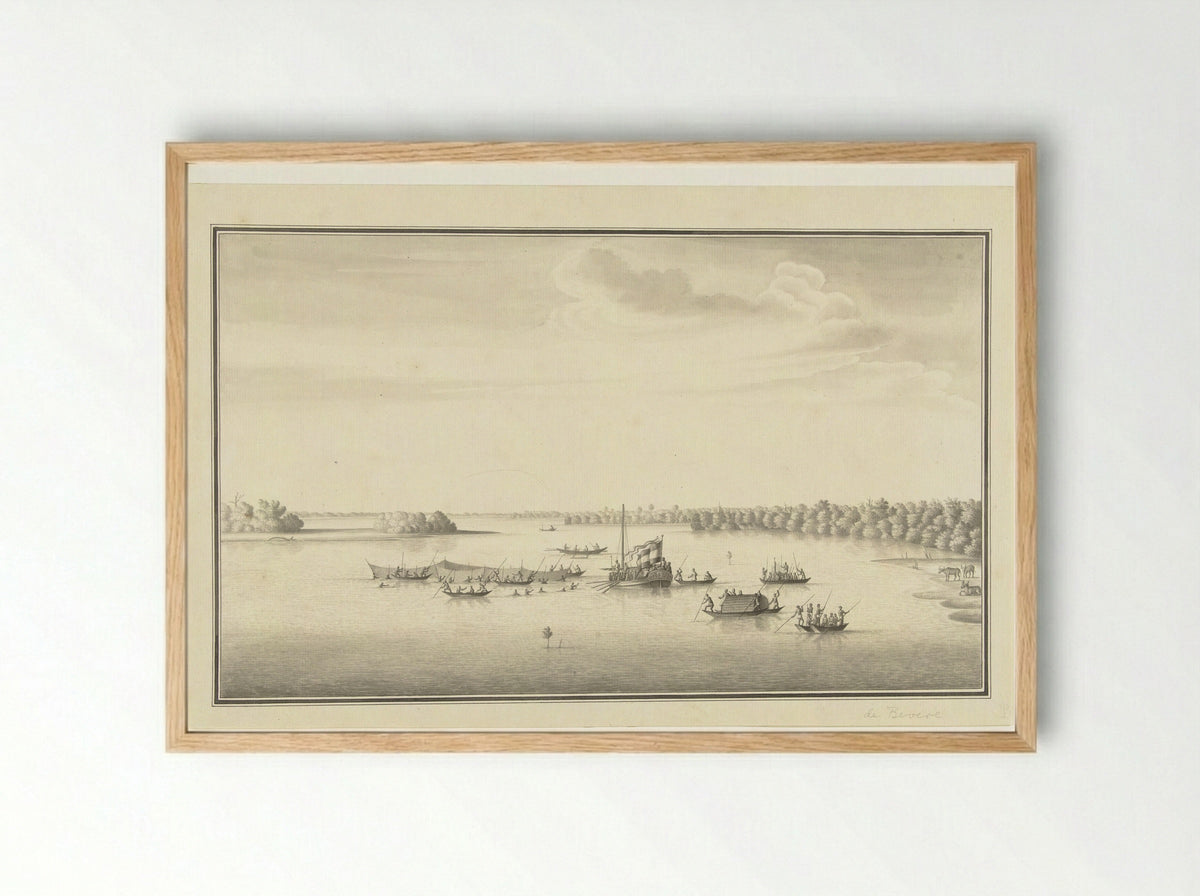 Gouverneur Loten en zijn gezelschap varend op de Lagune van Negombo - Pieter de Bevere - Framed Print Wood