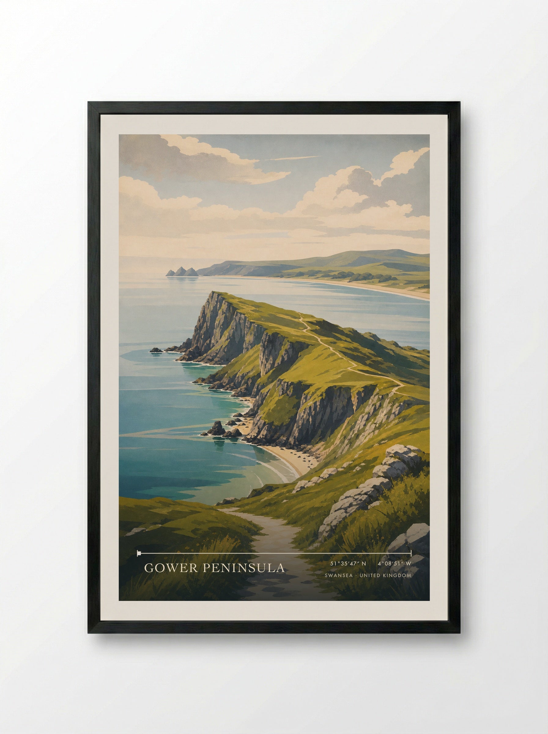 Gower Peninsula Swansea United Kingdom Travel Poster - Framed Print Black
