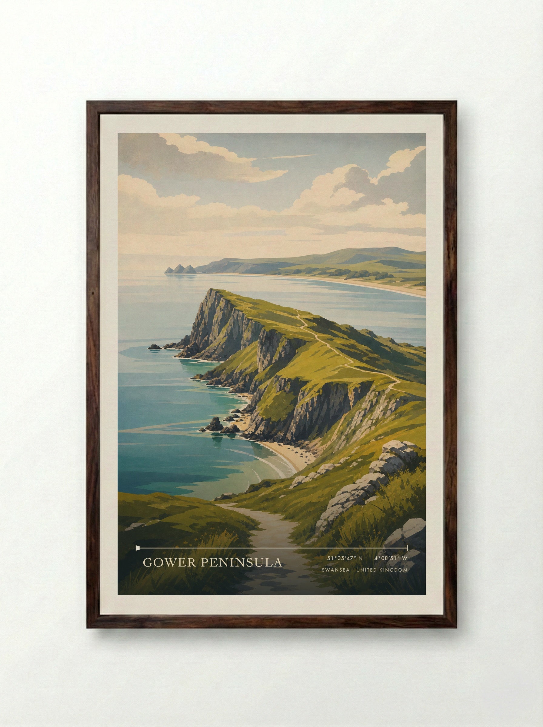 Gower Peninsula Swansea United Kingdom Travel Poster - Framed Print Dark Wood