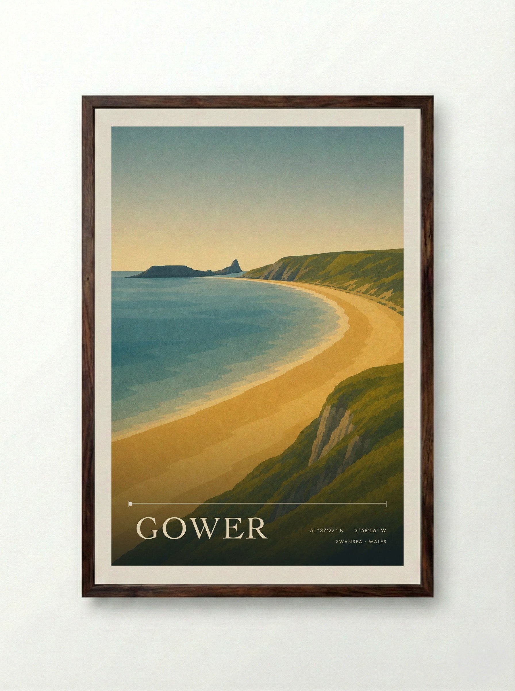 Gower Travel Poster - Framed Print Dark Wood
