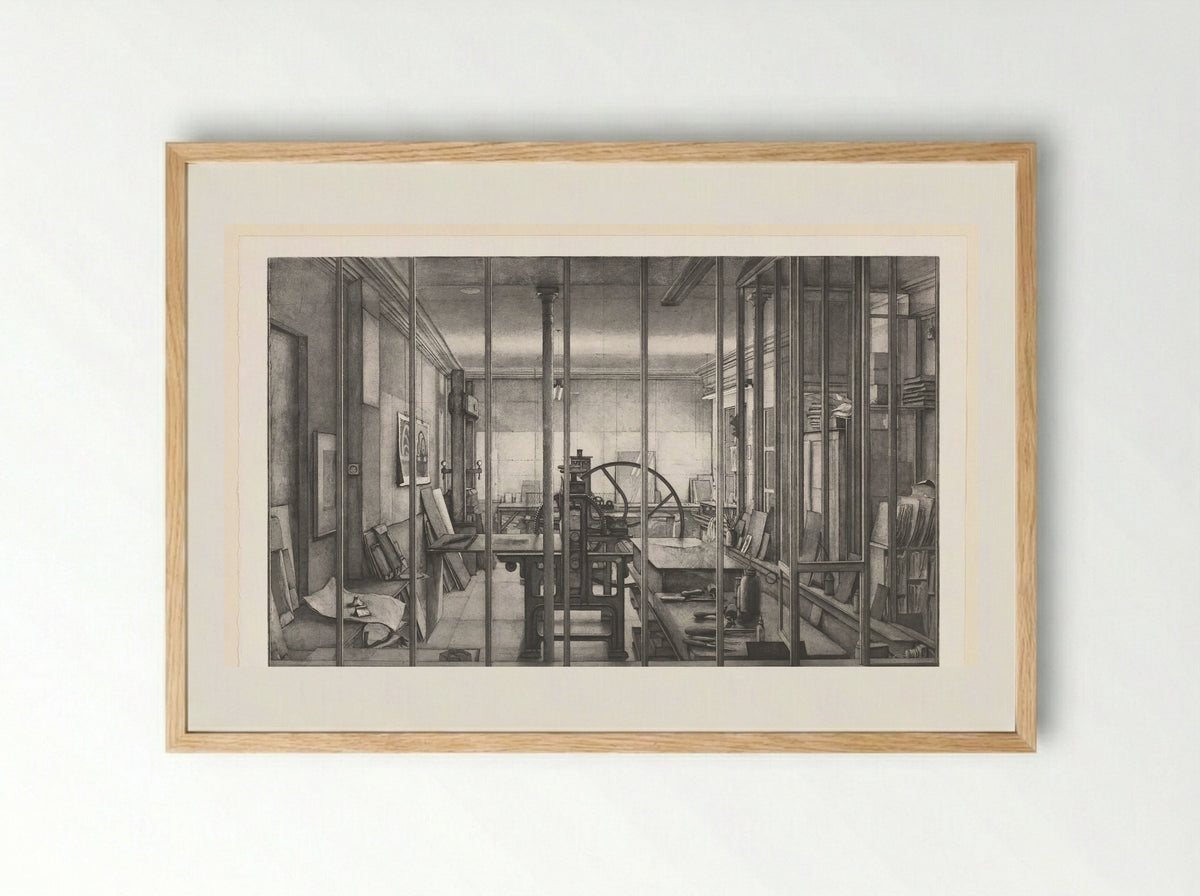 Grafisch atelier van René Tazé - Erik Desmazières - Framed Print Wood