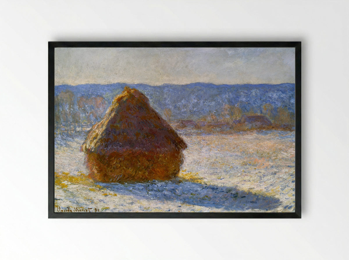 Grainstack in the Morning, Snow Effect - Claude Monet - Framed Print Black