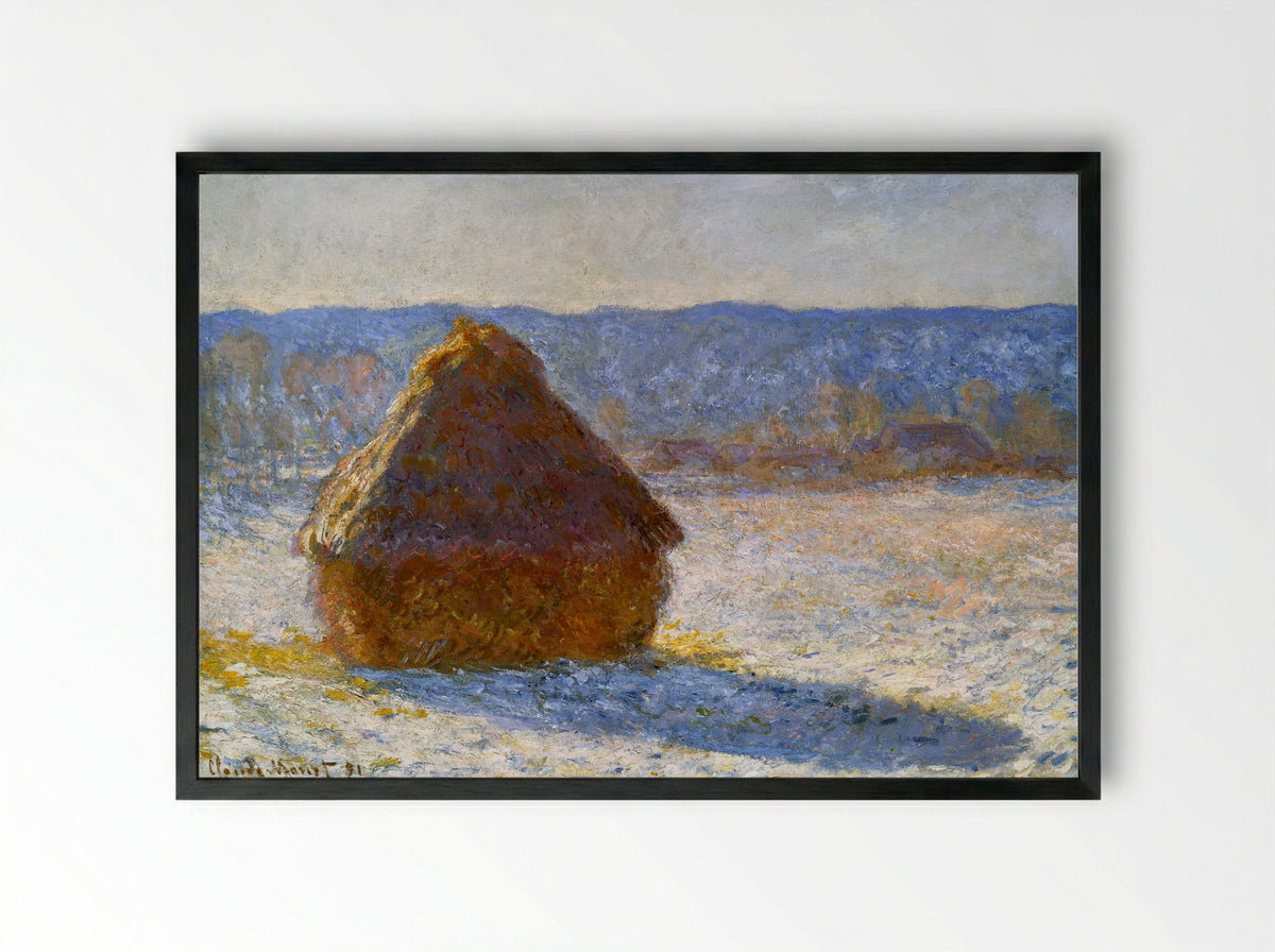 Grainstack in the Morning, Snow Effect - Claude Monet - Framed Print Black