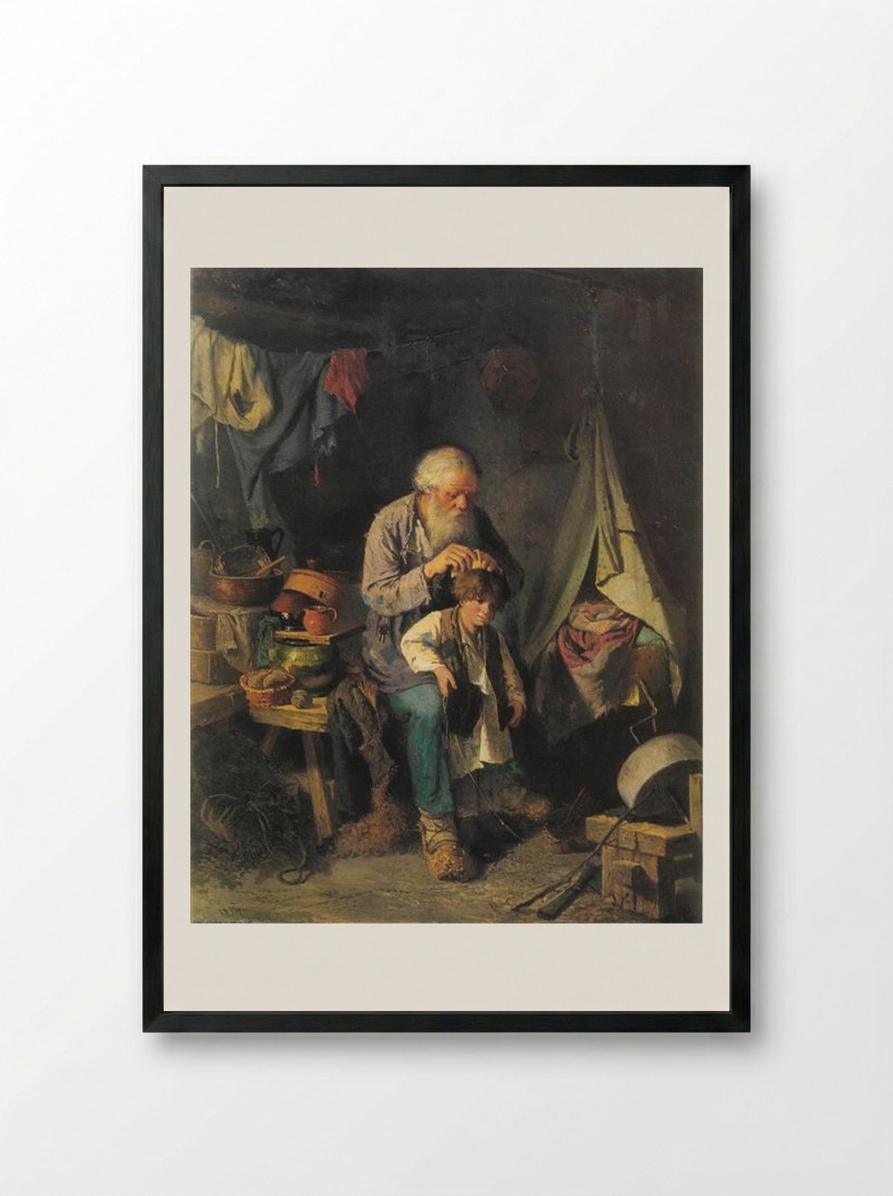 Grandfather and Grandson - Vasily Perov - Framed Print Black