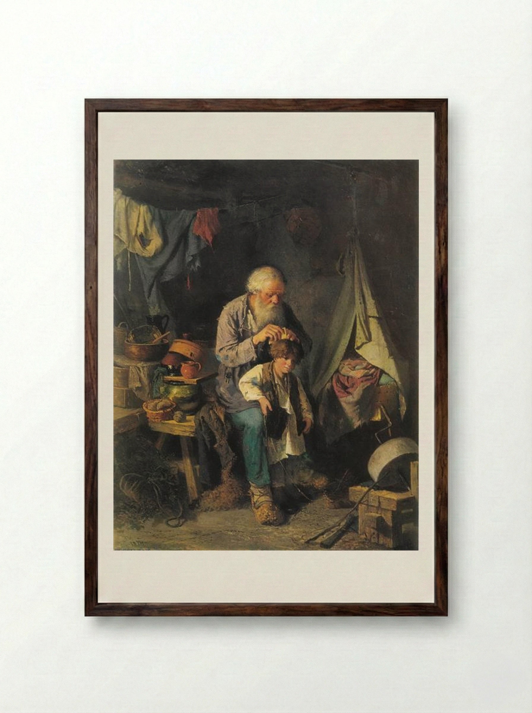 Grandfather and Grandson - Vasily Perov - Framed Print Dark Wood