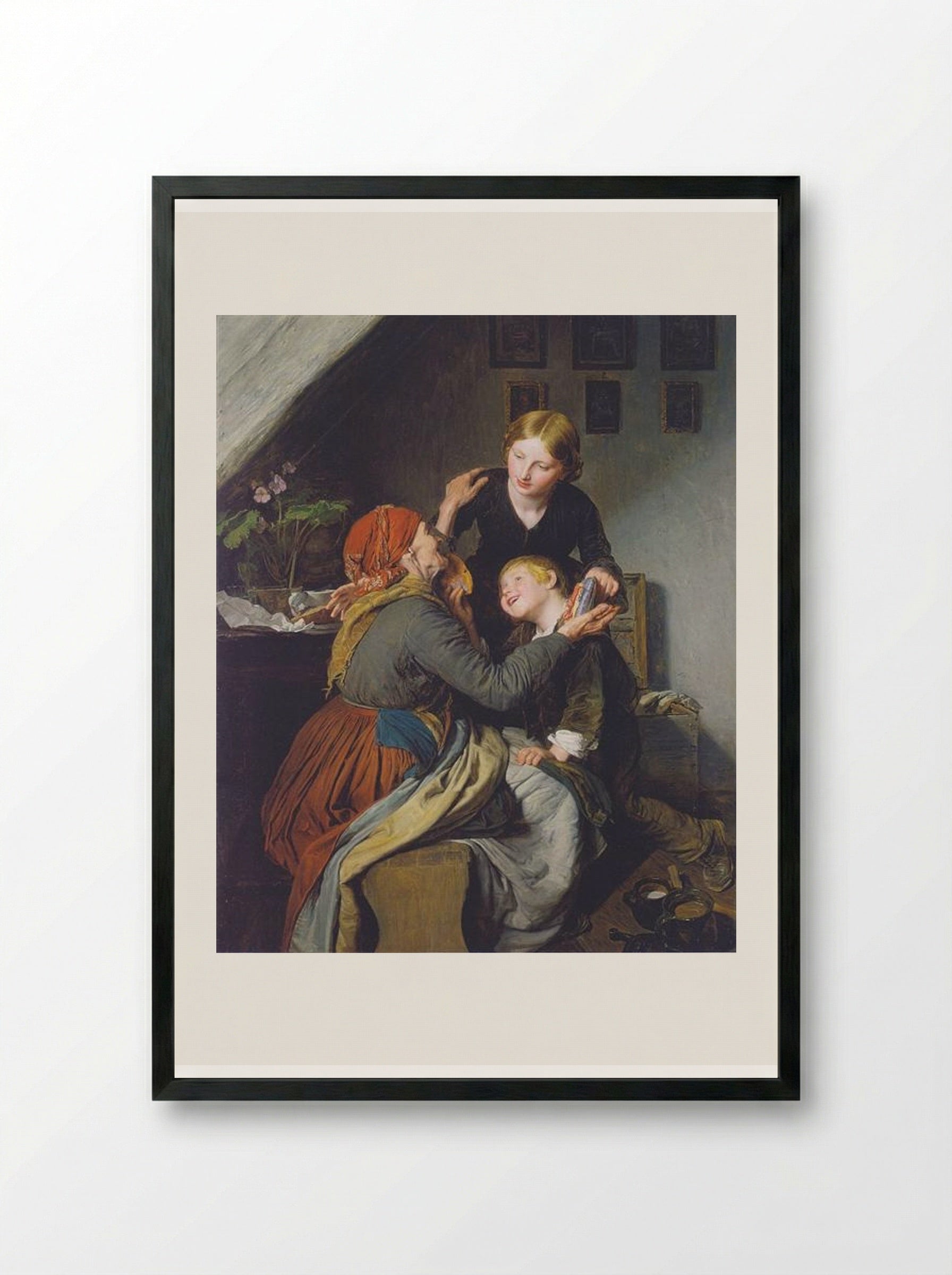 Grandma's Birthday - Ferdinand Georg Waldmüller - Framed Print Black