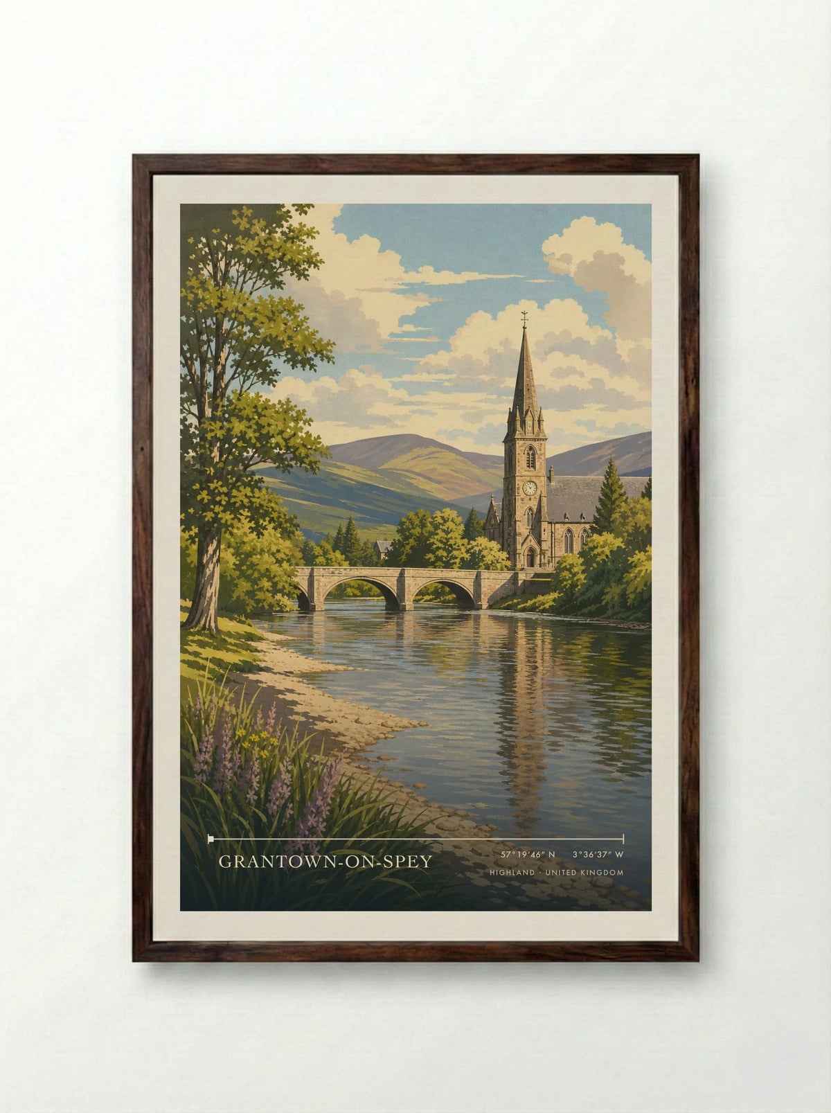 Grantown-on-Spey Highland United Kingdom Travel Poster - Framed Print Dark Wood