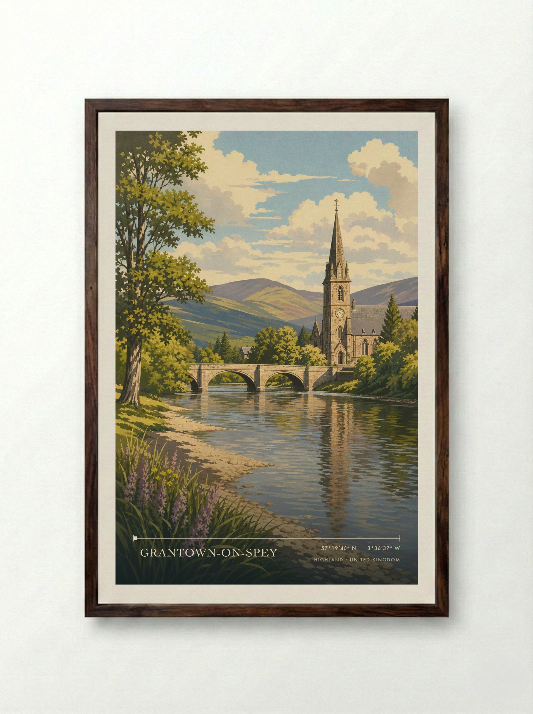 Grantown-on-Spey Highland United Kingdom Travel Poster - Framed Print Dark Wood