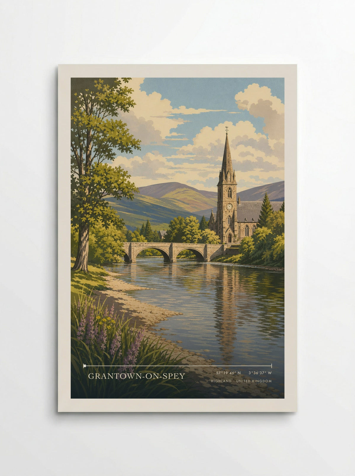 Grantown-on-Spey, Highland travel poster: a clock-towered church, arched stone bridge and reflective river below Highland hills