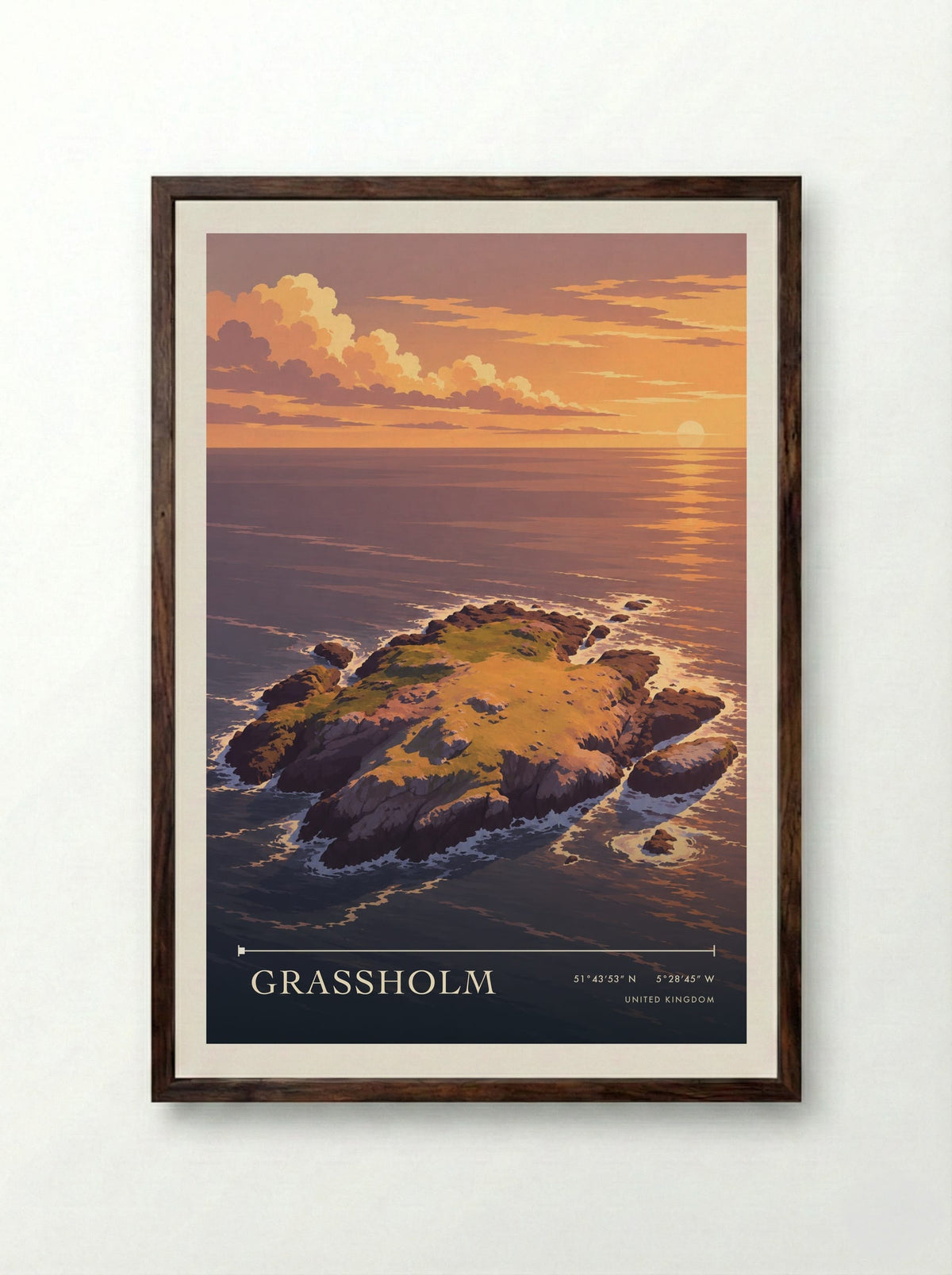 Grassholm | Travel Poster - Framed Print Dark Wood