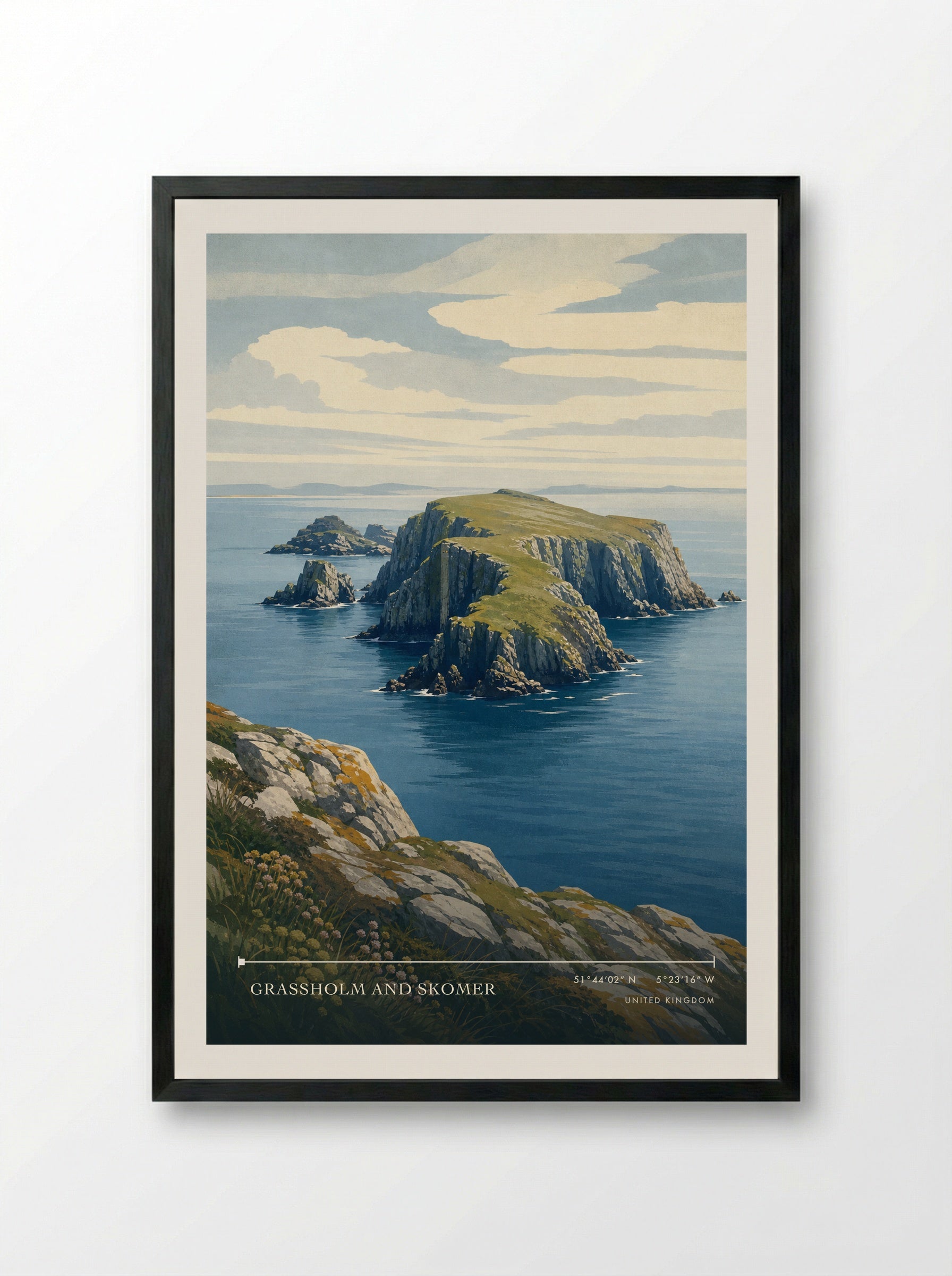 Grassholm and Skomer United Kingdom Travel Poster - Framed Print Black