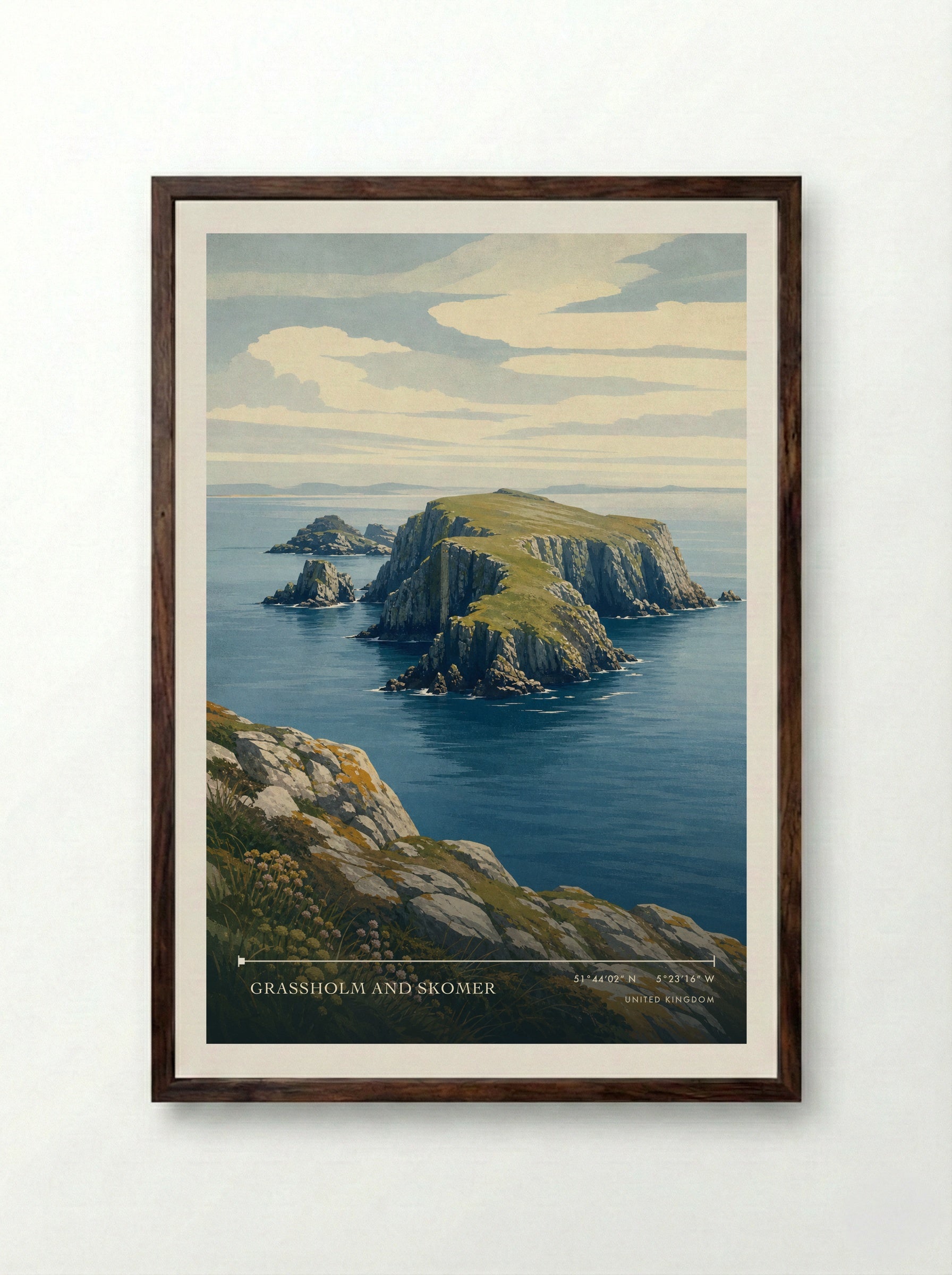 Grassholm and Skomer United Kingdom Travel Poster - Framed Print Dark Wood