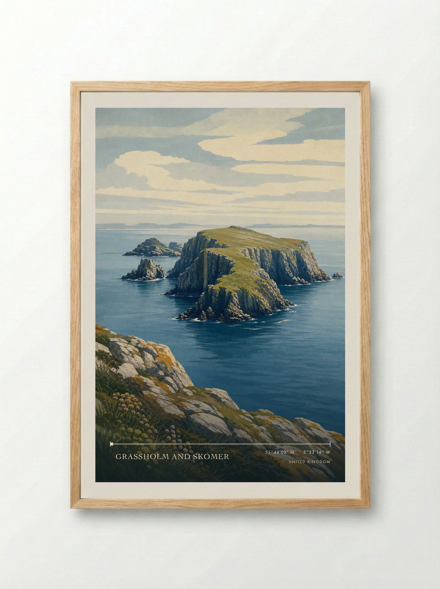 Grassholm and Skomer United Kingdom Travel Poster - Framed Print Wood
