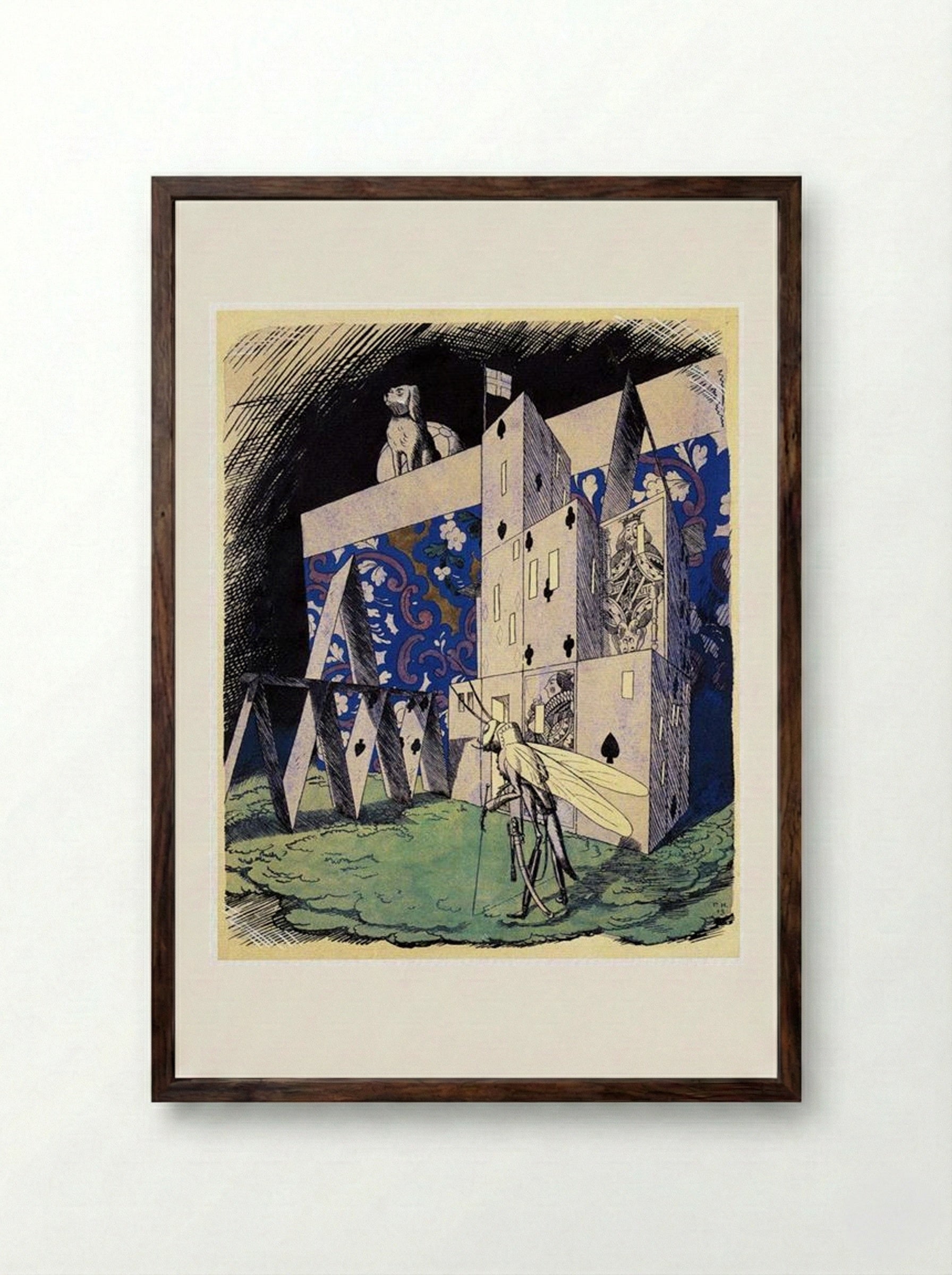 Grasshopper in front of a House of Cards - Heorhiy Narbut - Framed Print Dark Wood