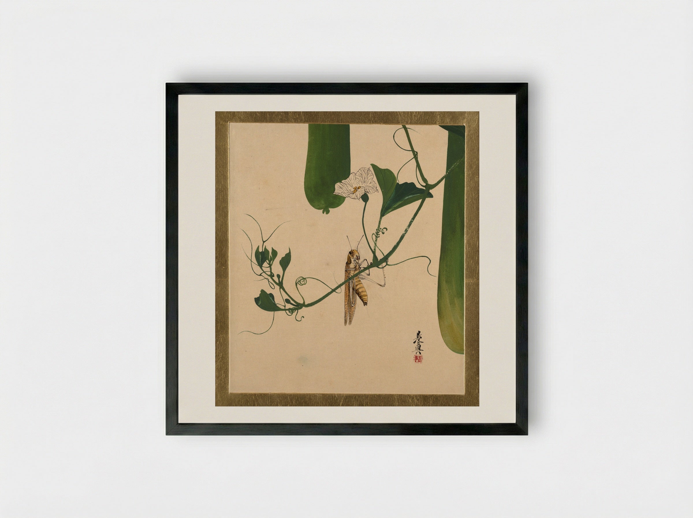 Grasshopper on Gourd Vine - Shibata Zeshin - Framed Print Black