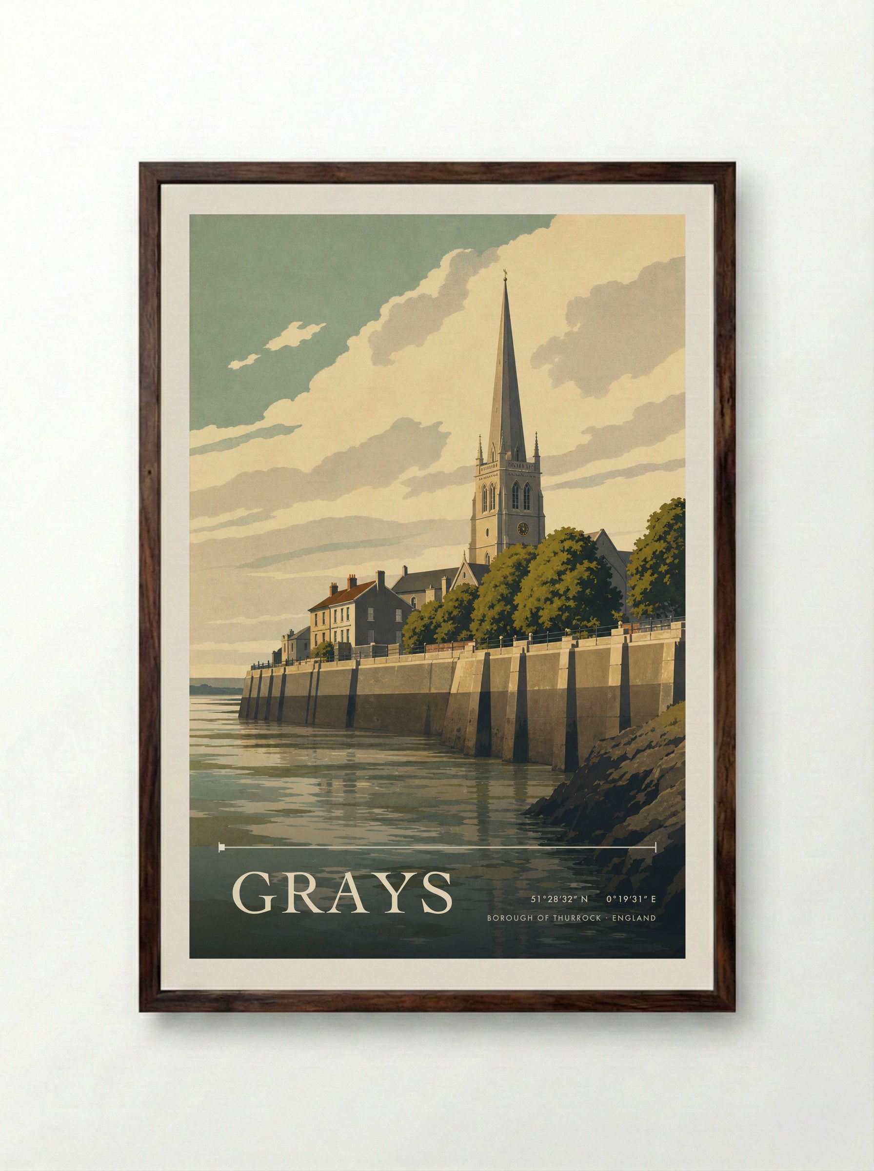 Grays Borough of Thurrock England Travel Poster - Framed Print Dark Wood