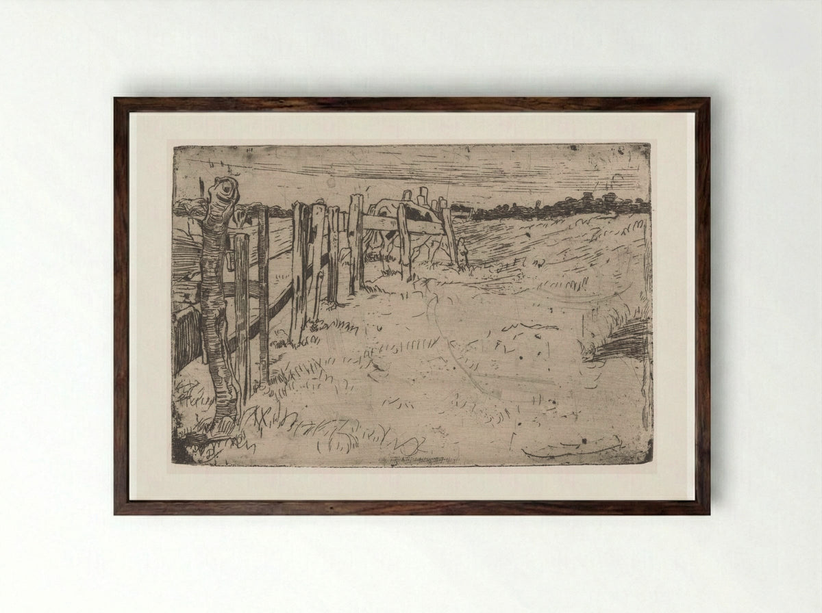Grazende koe bij een hek in een weiland - Pieter Dupont - Framed Print Dark Wood