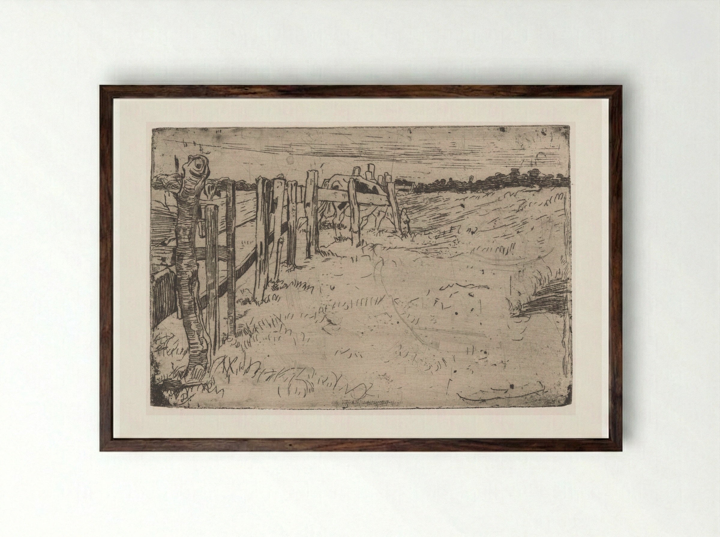 Grazende koe bij een hek in een weiland - Pieter Dupont - Framed Print Dark Wood