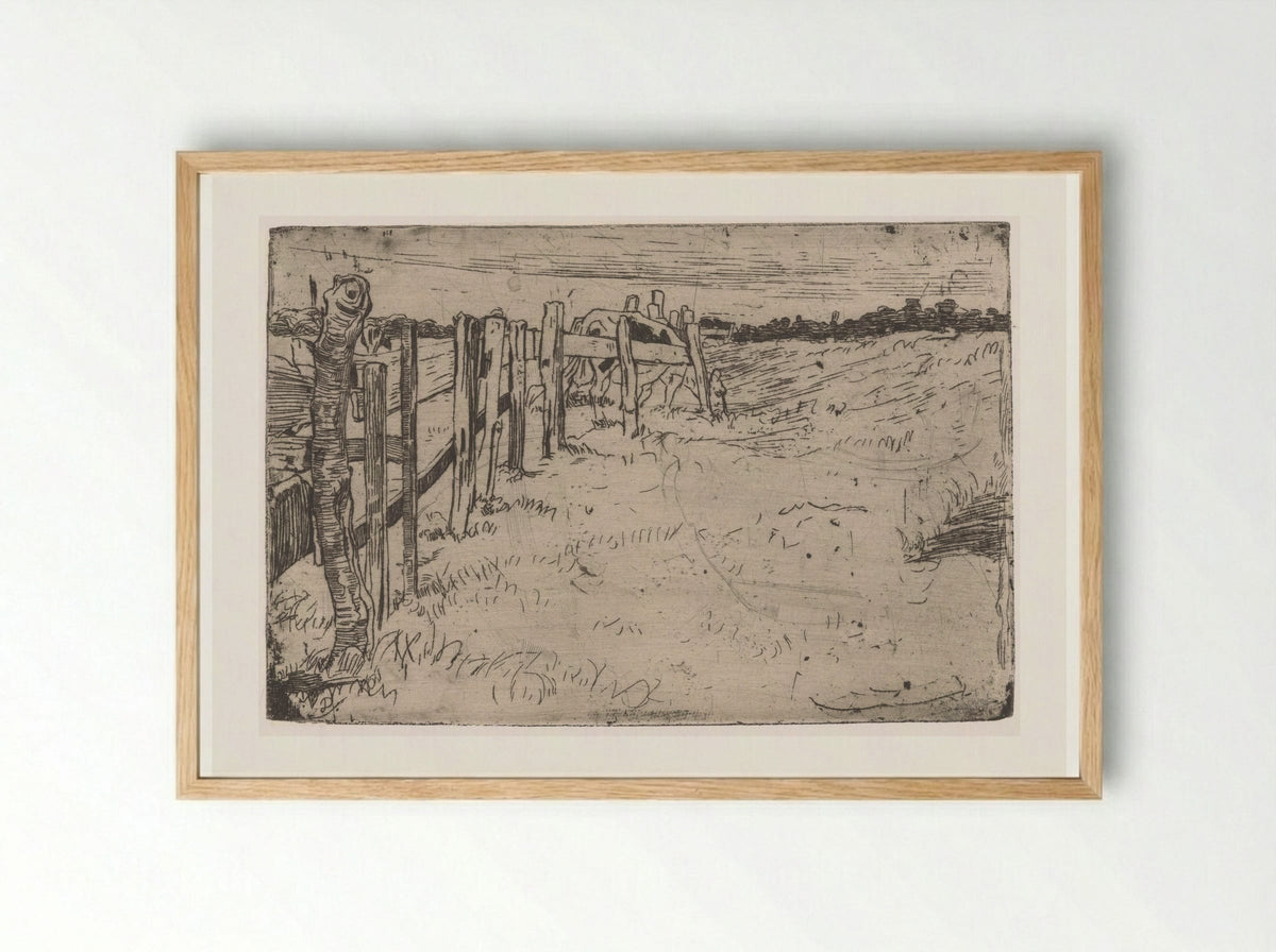 Grazende koe bij een hek in een weiland - Pieter Dupont - Framed Print Wood