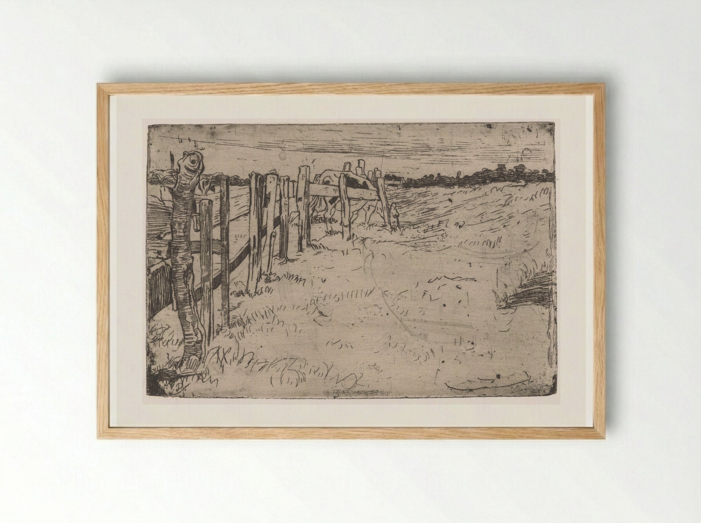 Grazende koe bij een hek in een weiland - Pieter Dupont - Framed Print Wood