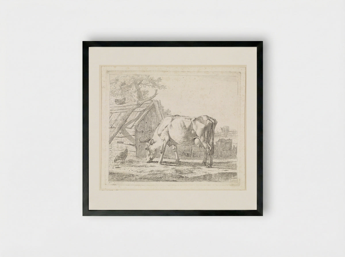 Grazende koe en een kip - Wouter Johannes van Troostwijk - Framed Print Black