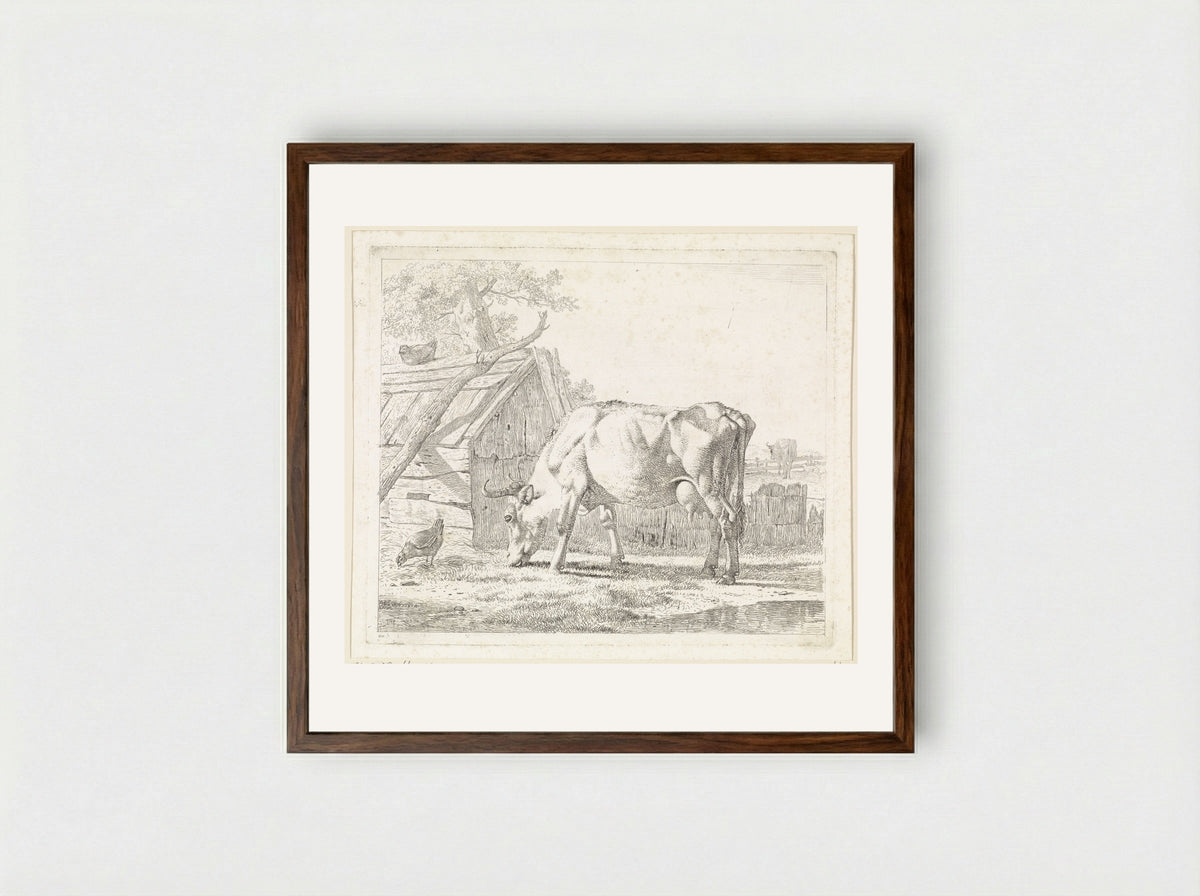 Grazende koe en een kip - Wouter Johannes van Troostwijk - Framed Print Dark Wood