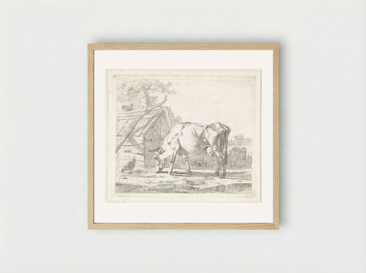 Grazende koe en een kip - Wouter Johannes van Troostwijk - Framed Print Wood