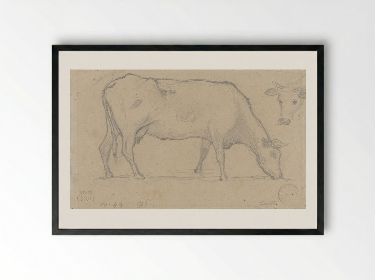 Grazing Cow with Study of a Cow's Head - Camille Corot - Framed Print Black