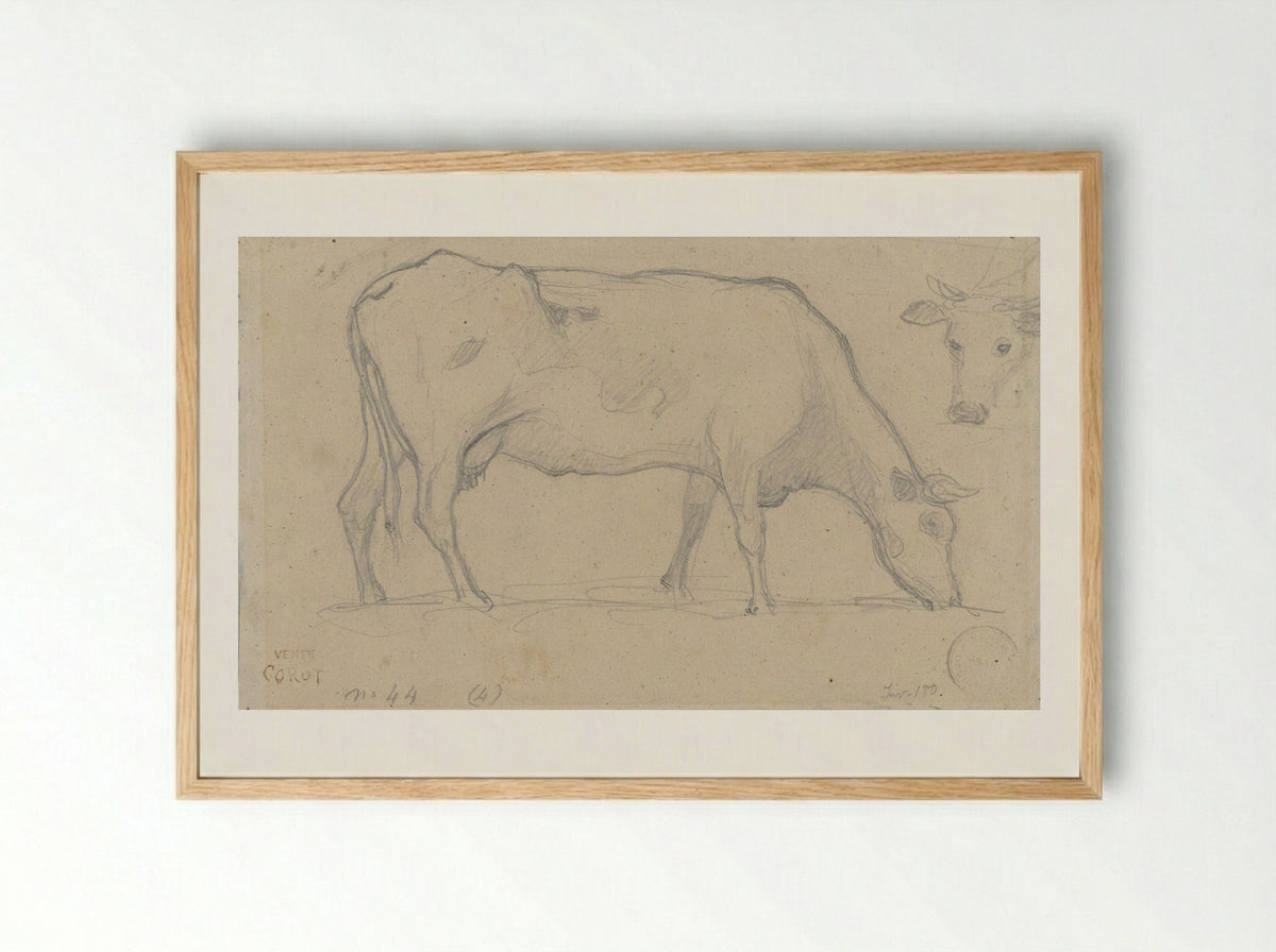 Grazing Cow with Study of a Cow's Head - Camille Corot - Framed Print Wood