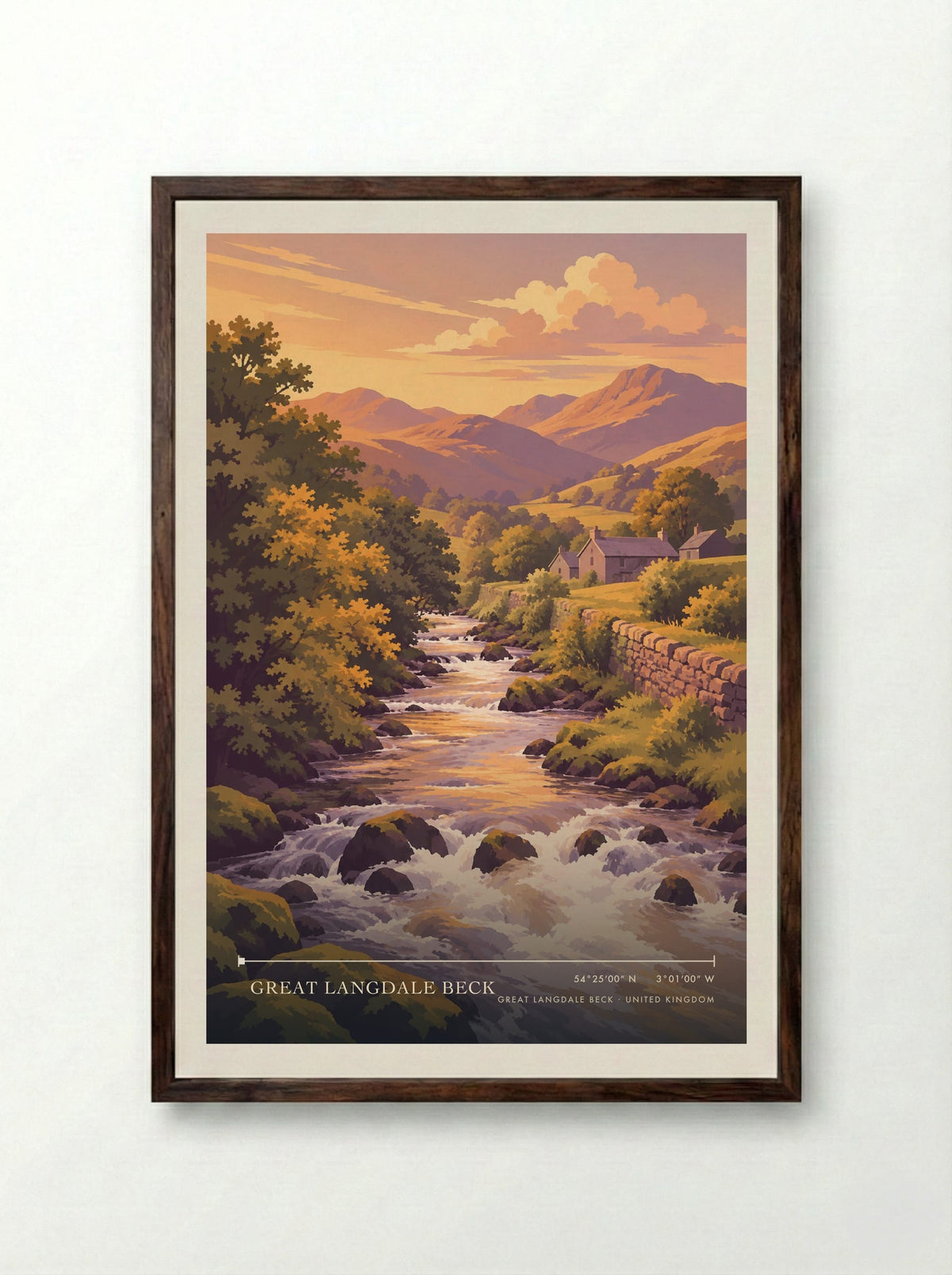 Great Langdale Beck | Travel Poster - Framed Print Dark Wood