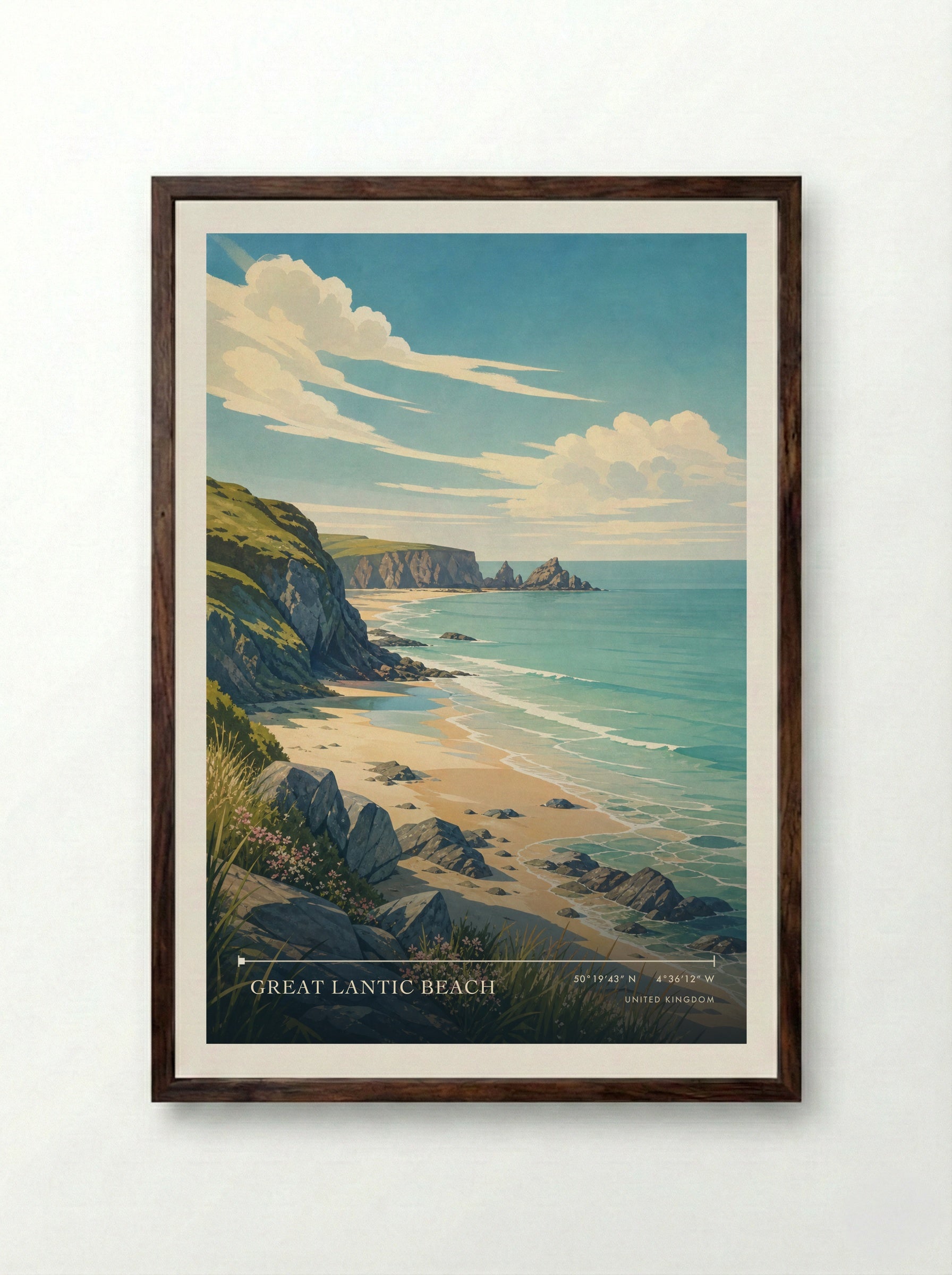 Great Lantic Beach United Kingdom Travel Poster - Framed Print Dark Wood