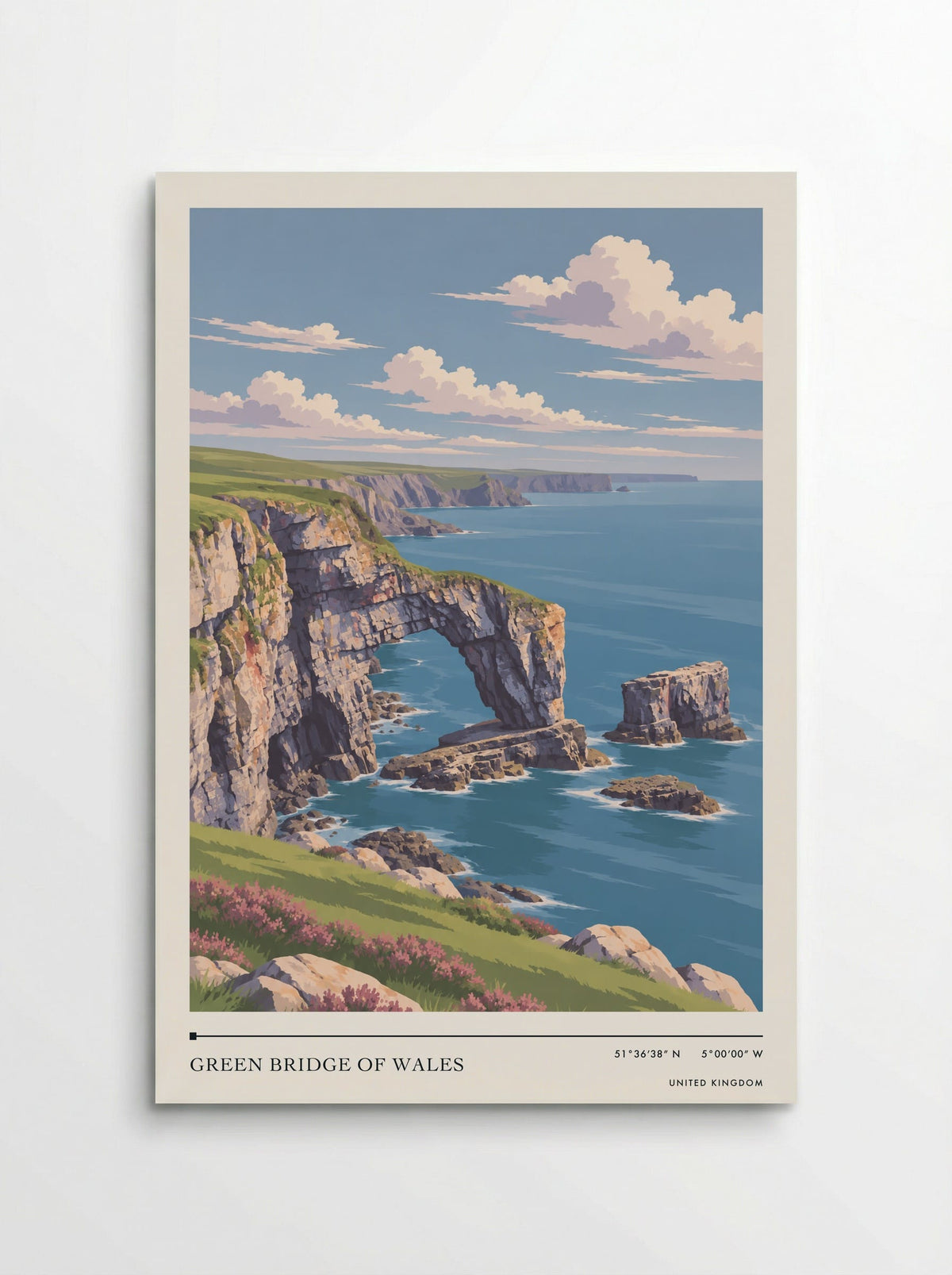 Green Bridge of travel poster: a pale limestone sea arch, offshore rock blocks and pink coastal flowers above blue water in summer light
