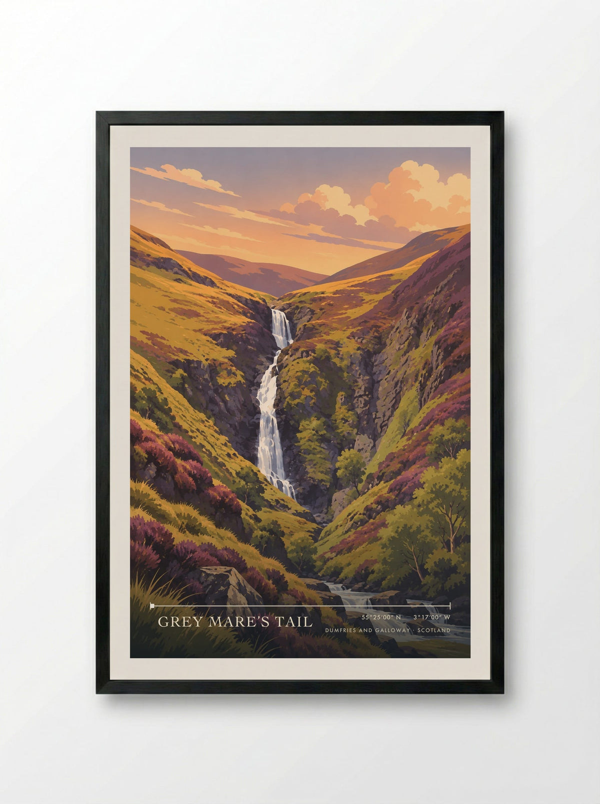Grey Mare’s Tail, Dumfries and Galloway | Travel Poster - Framed Print Black