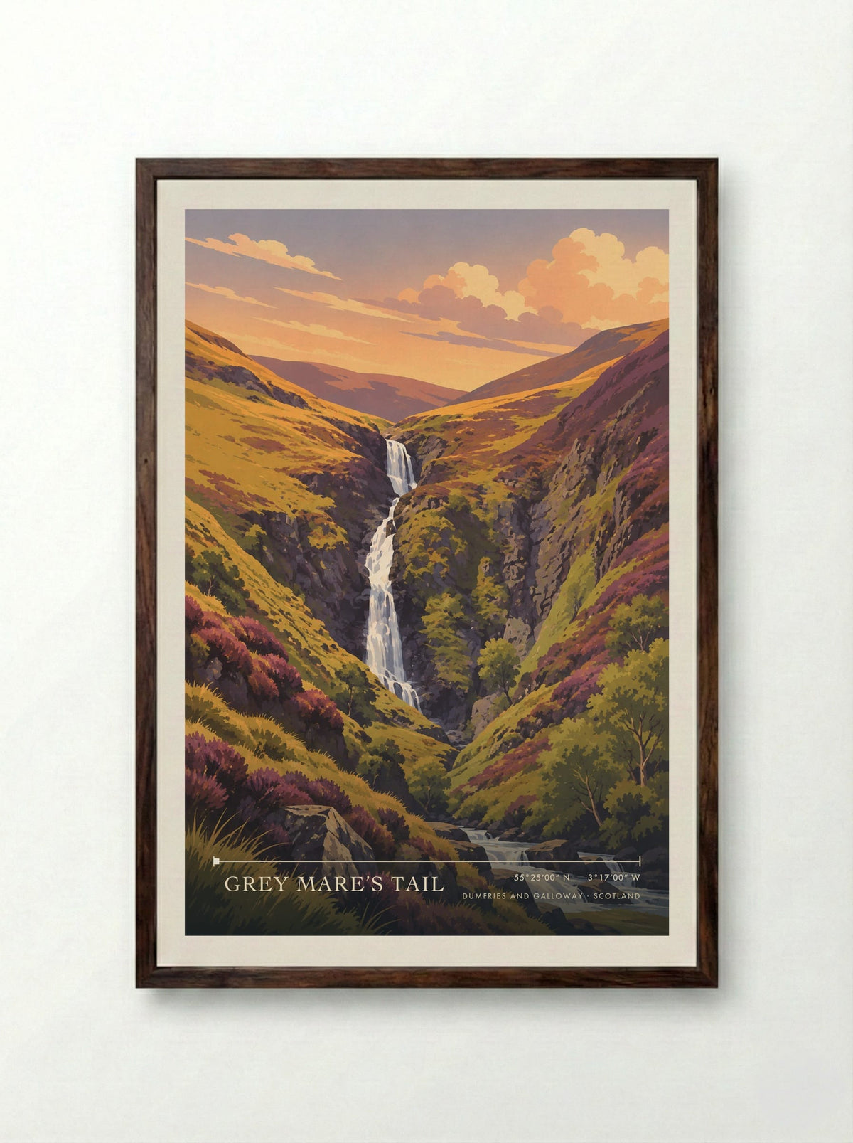 Grey Mare’s Tail, Dumfries and Galloway | Travel Poster - Framed Print Dark Wood