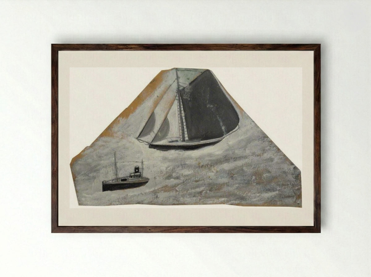 Grey Sailing Ship and Small Boat - Alfred Wallis - Framed Print Dark Wood