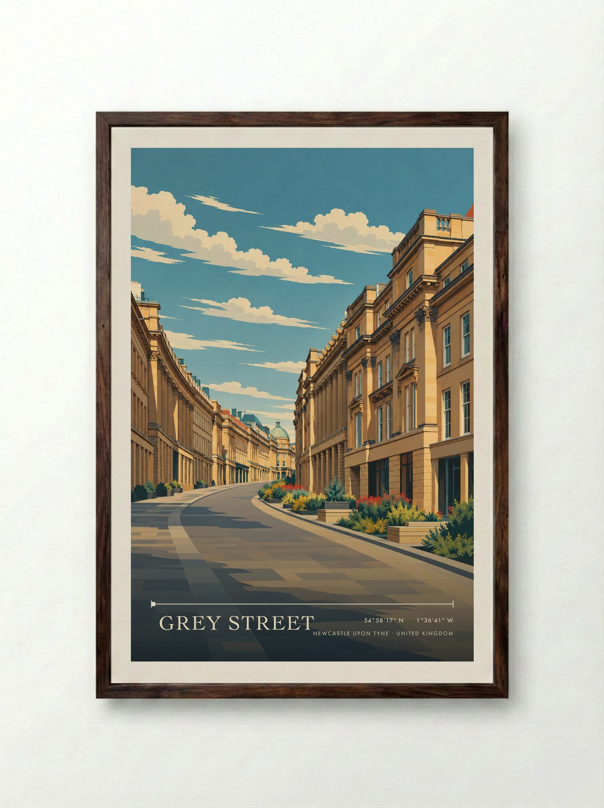 Grey Street, Newcastle upon Tyne | Travel Poster - Framed Print Dark Wood