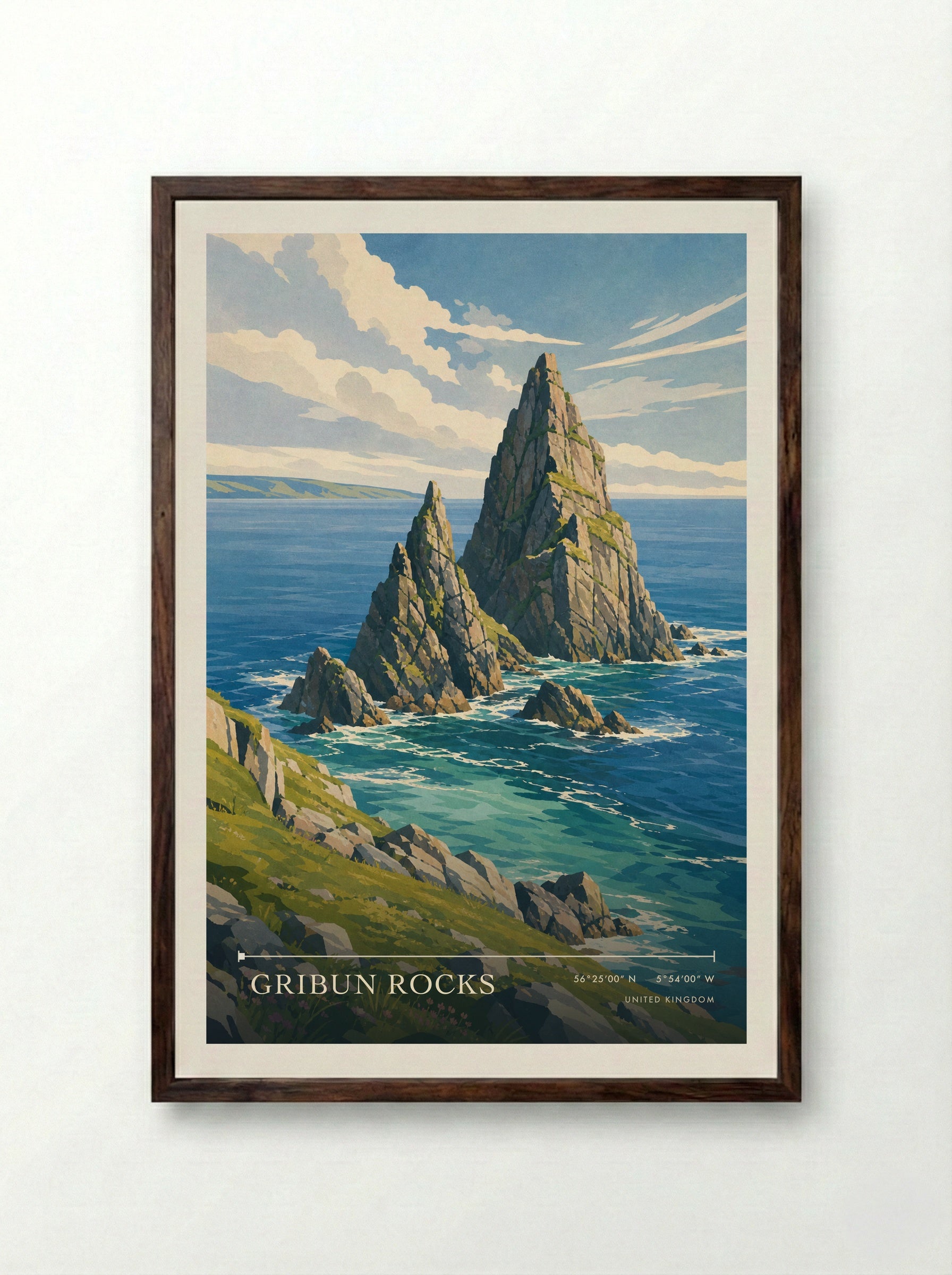 Gribun Rocks United Kingdom Travel Poster - Framed Print Dark Wood