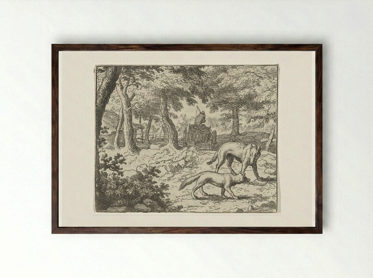 Grimbeert de das en Reinaert de vos - Allaert van Everdingen - Framed Print Dark Wood