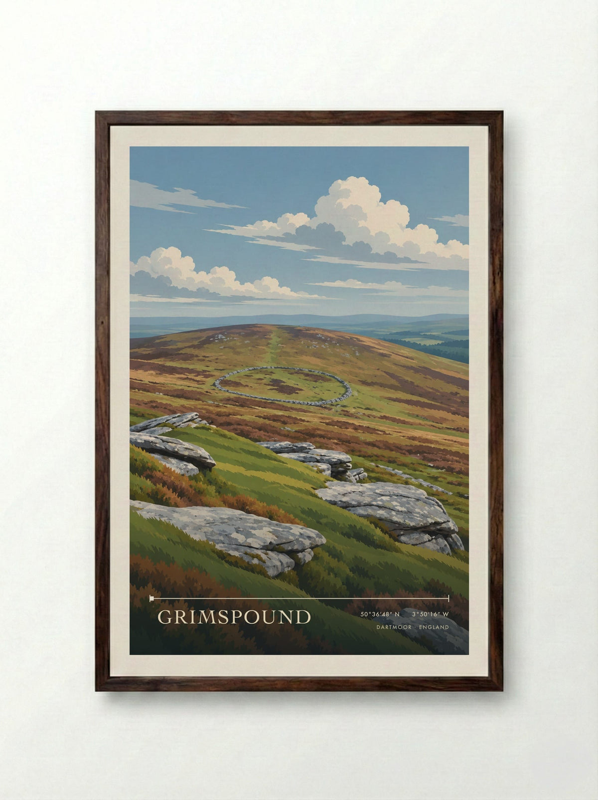 Grimspound, Dartmoor | Travel Poster - Framed Print Dark Wood