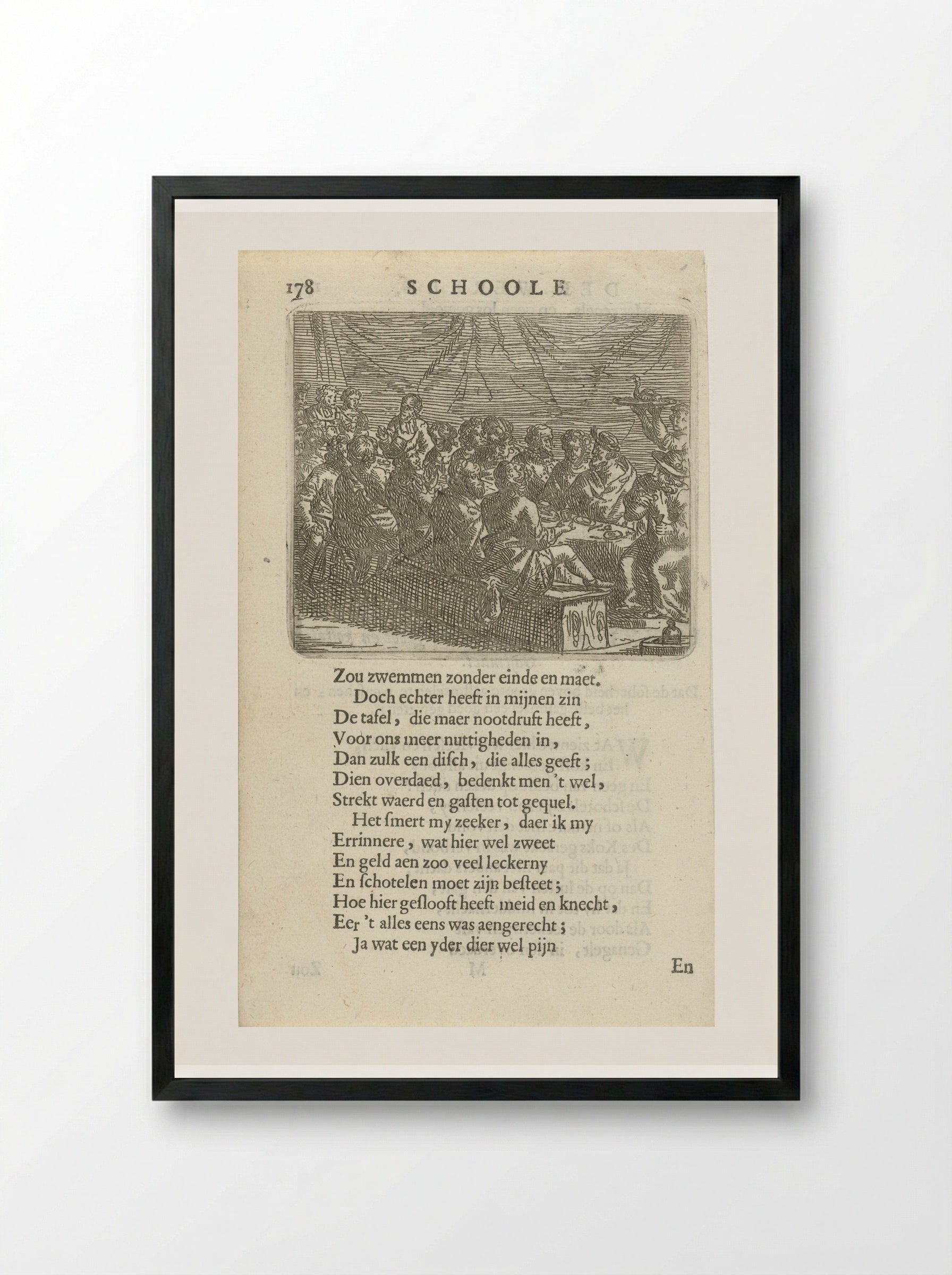 Groot gezelschap aan een eettafel - Arnold Houbraken - Framed Print Black