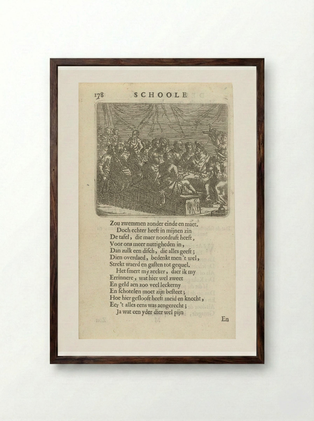 Groot gezelschap aan een eettafel - Arnold Houbraken - Framed Print Dark Wood