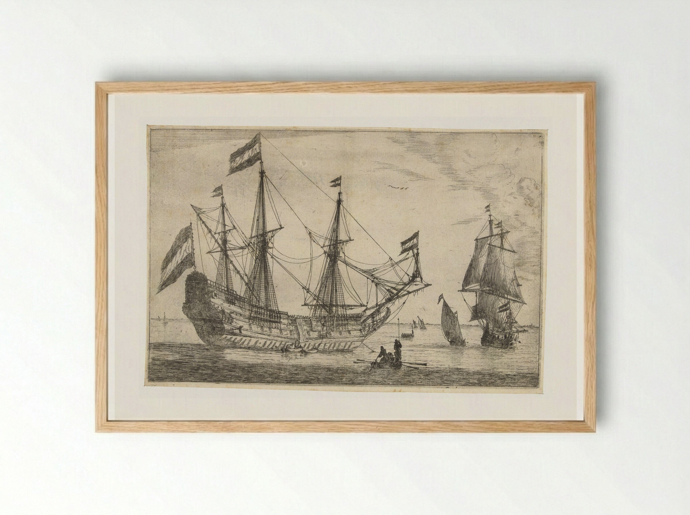 Groot zeilschip en een roeiboot - Reinier Nooms - Framed Print Wood