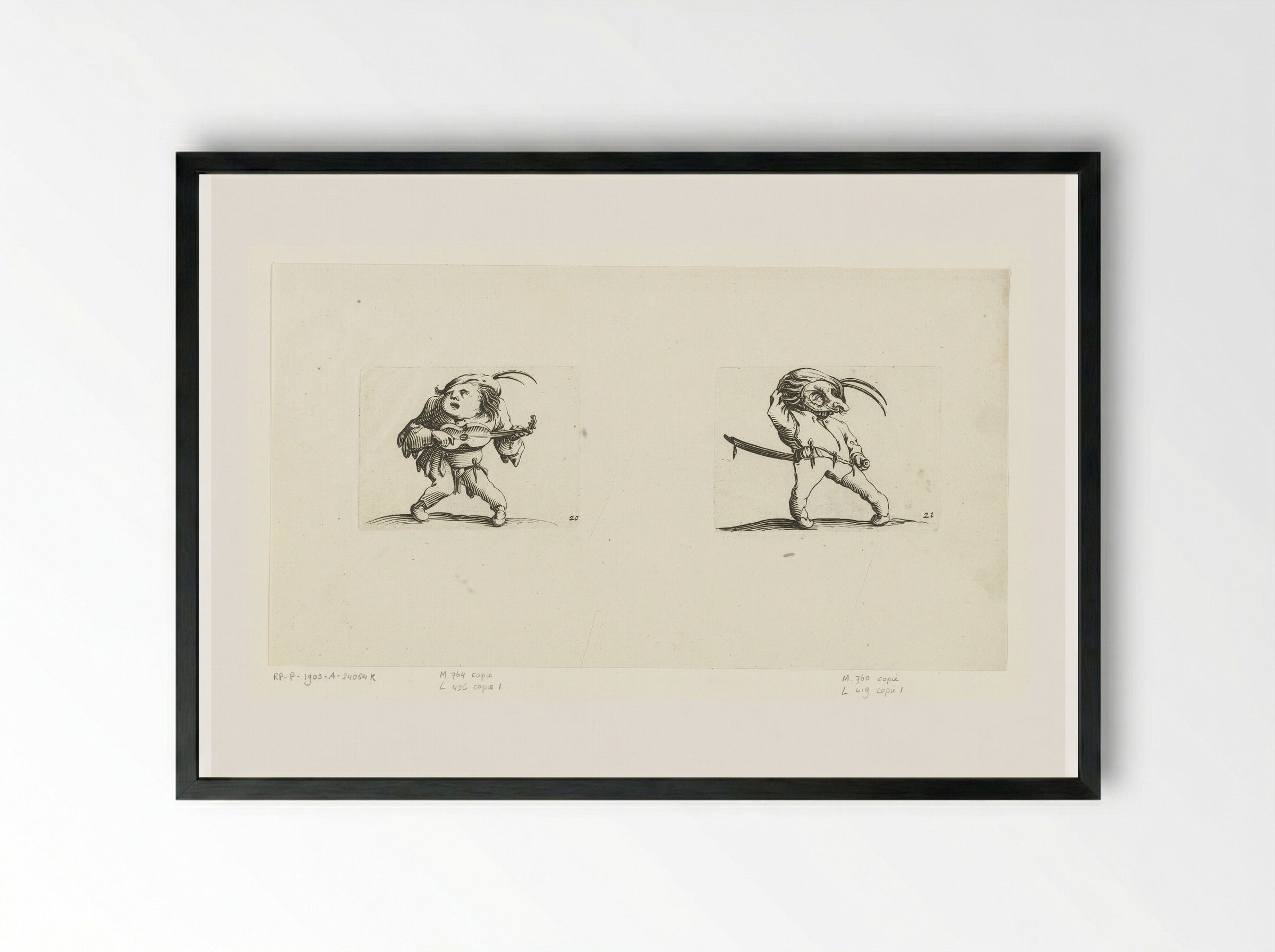 Grotesque Figures with Guitar and Sword - Abraham Bosse - Framed Print Black