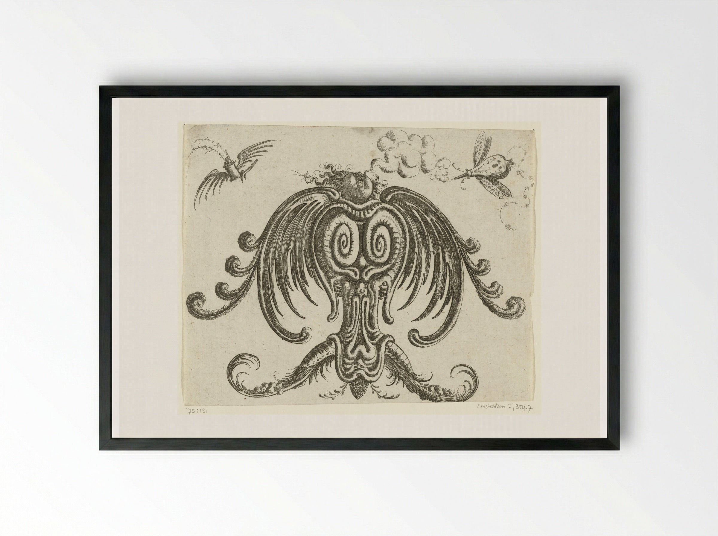 Grotesque Ornament with Looking-Up Angel - Christoph Jamnitzer - Framed Print Black